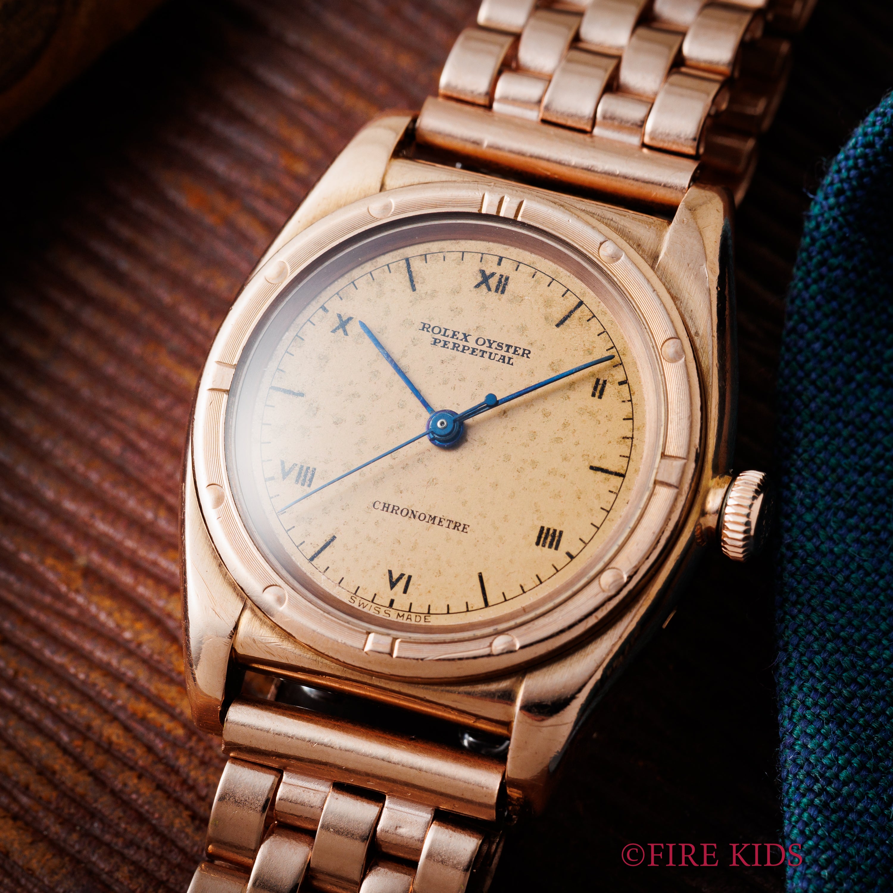 ロレックス 9金無垢ピンクゴールド バブルバック 1938年製 Ref.3372 エンジンターンドベゼル CLEWCOブレス