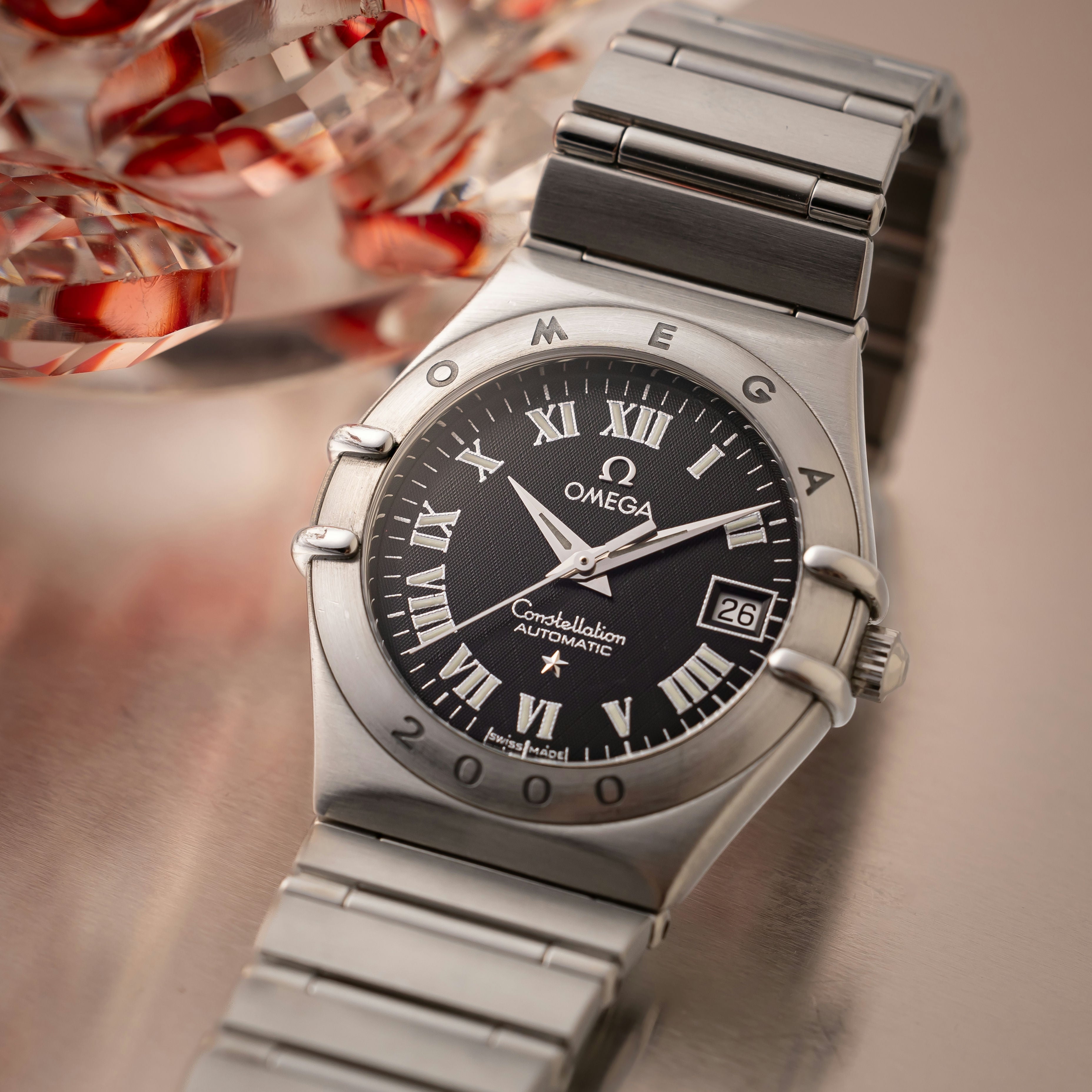 オメガコンステレーション レディース 2000年限定モデル ブラックローマンダイヤル