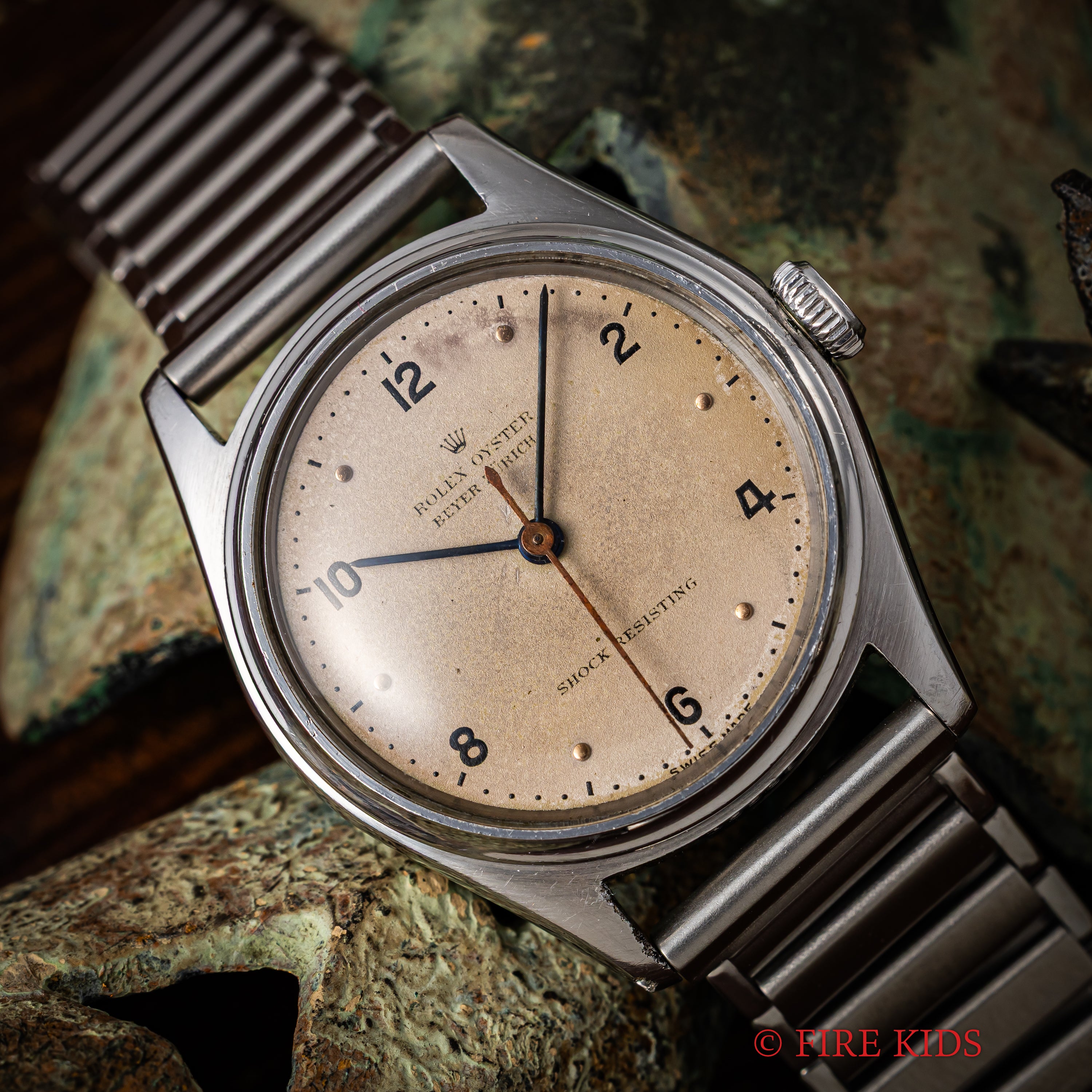 ロレックス オイスター ベイヤーWネーム 1945年製 飛びアラビアダイヤル Ref.4444 手巻 社外バンブーブレス