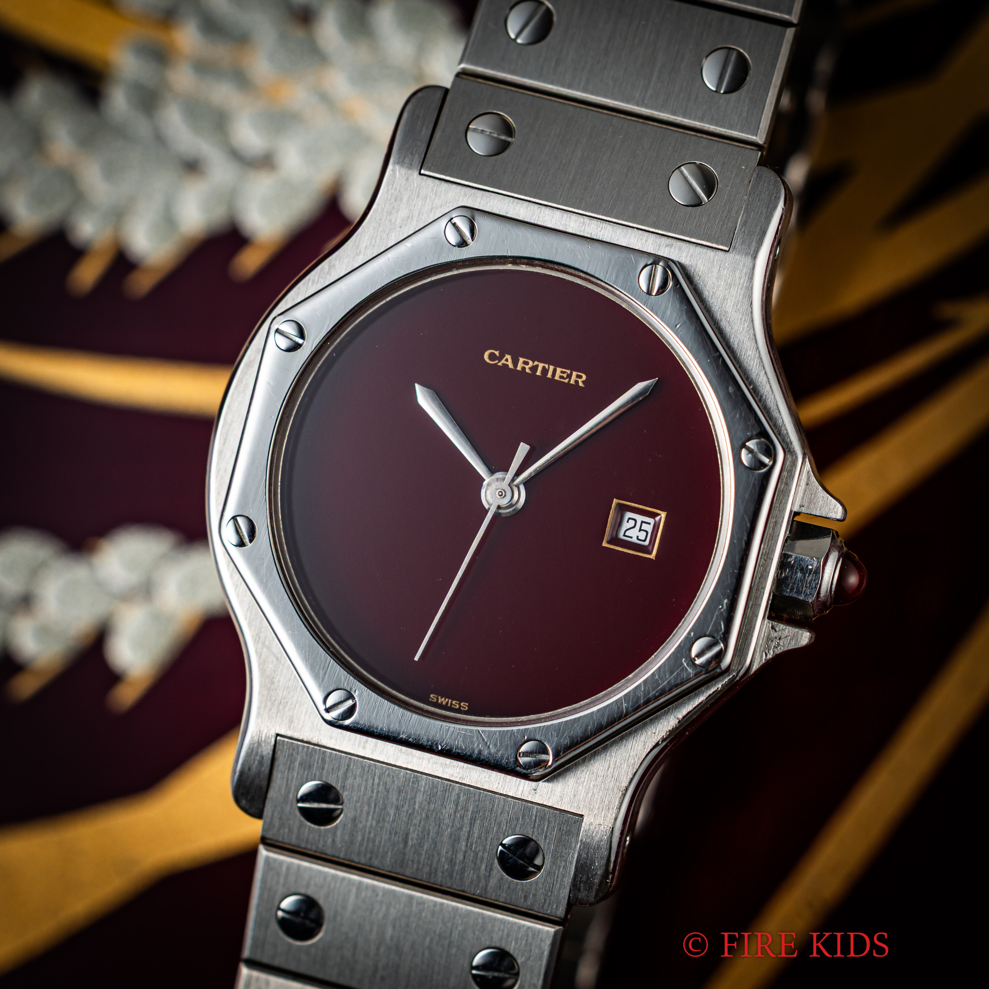 カルティエ サントスオクタゴンLM ステンレス ガーネットダイヤル Ref.2965 自動巻き 1980年代製