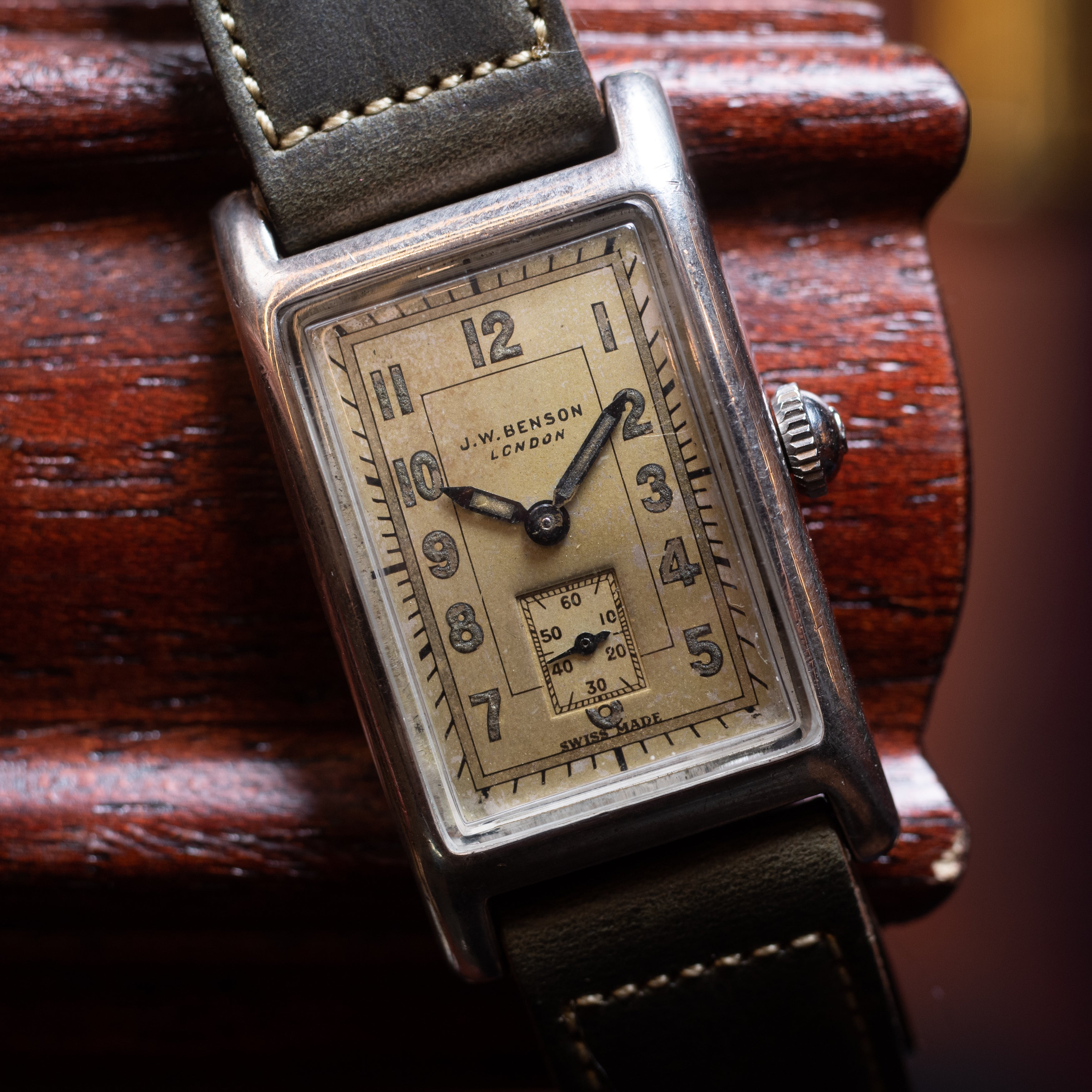 JWベンソン 銀無垢レクタンギュラー クラムシェル 箱付き 1930年代 手巻き