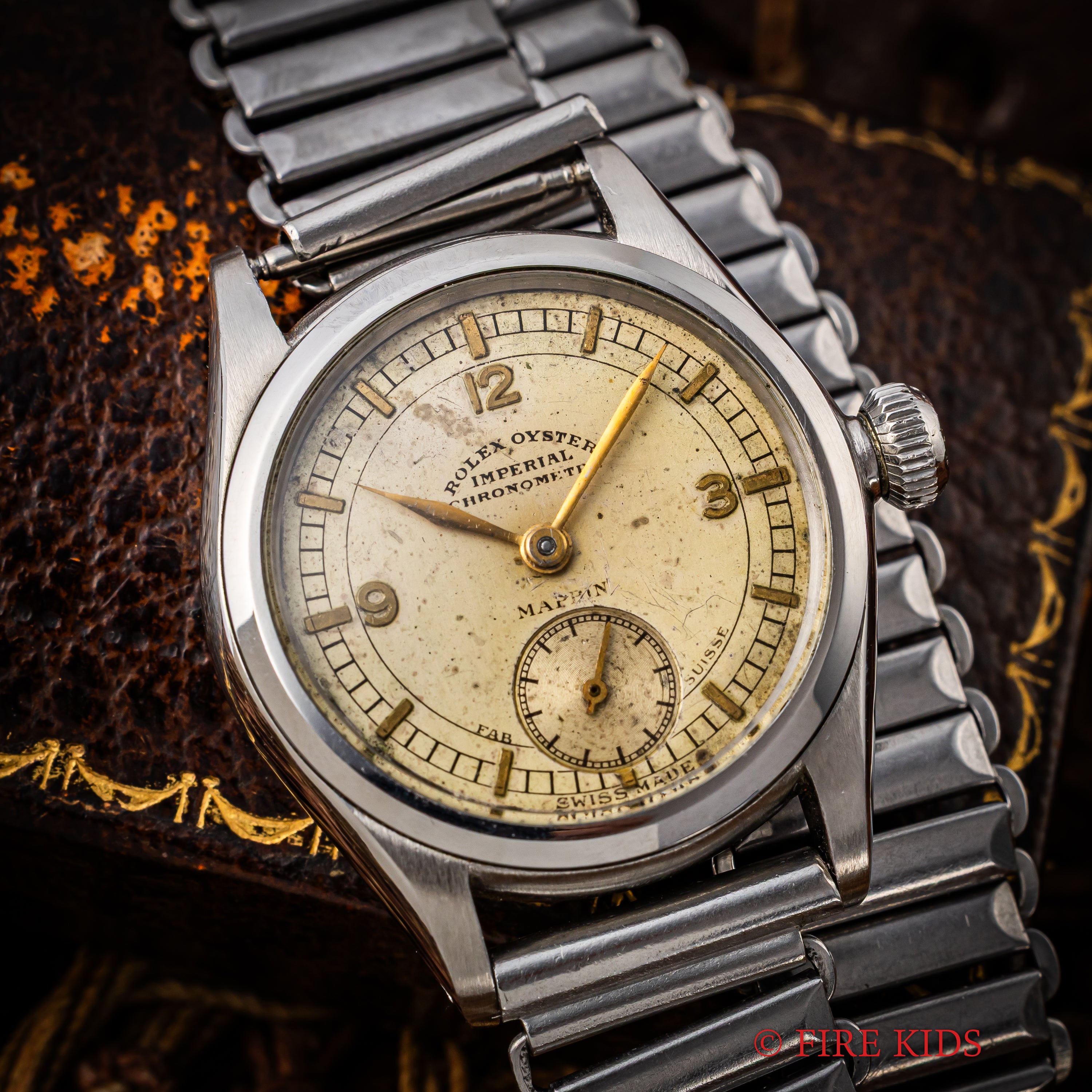 ロレックス オイスター インペリアル 1940年製(昭和15年製）マッピンWネーム セクターダイヤル クロノメーター 手巻 社外バンブーブレス 箱付