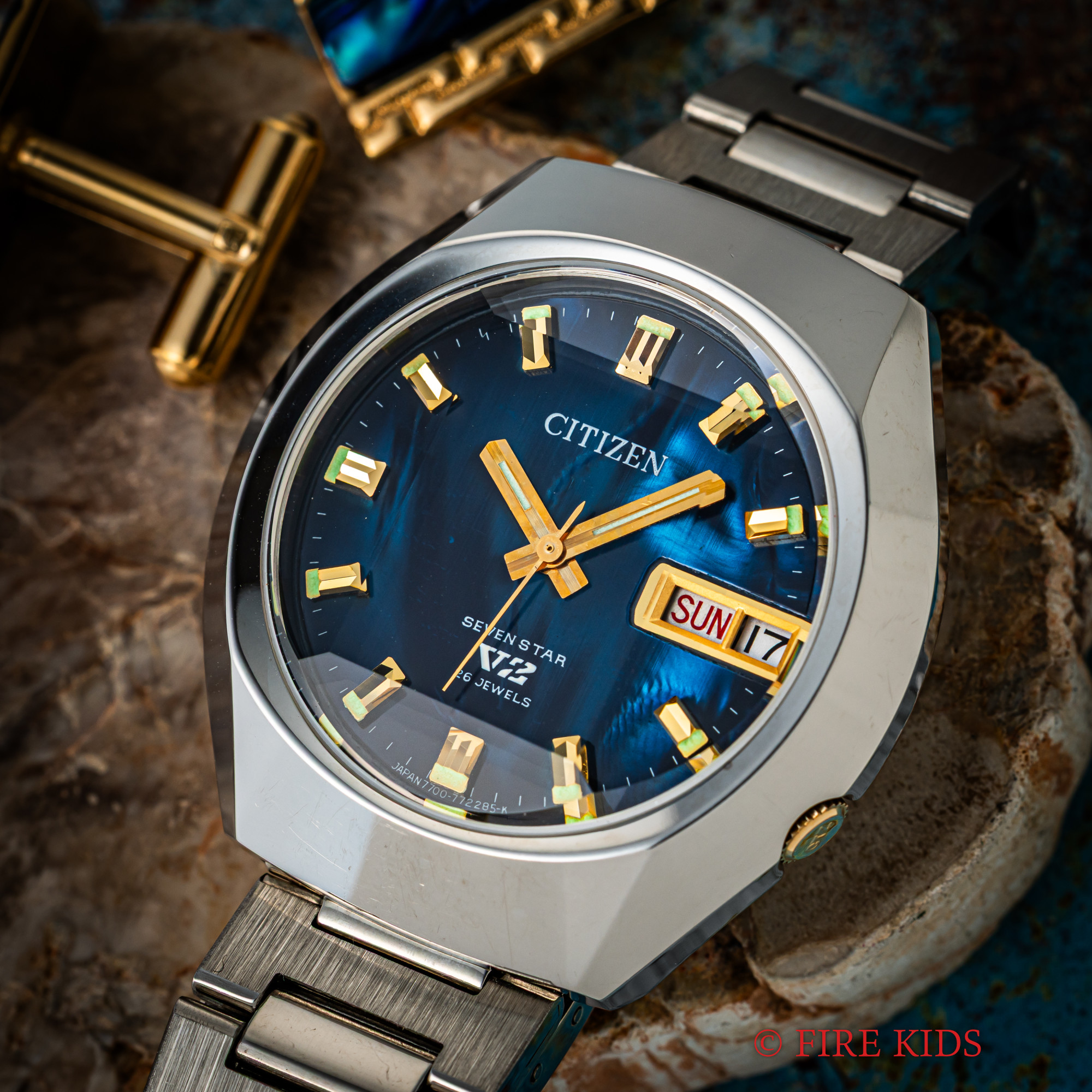 シチズン セブンスター V2 カットガラス ブルーグラデーション 1974年製 デイデイト 漢字 純正ブレス タグ付き美品