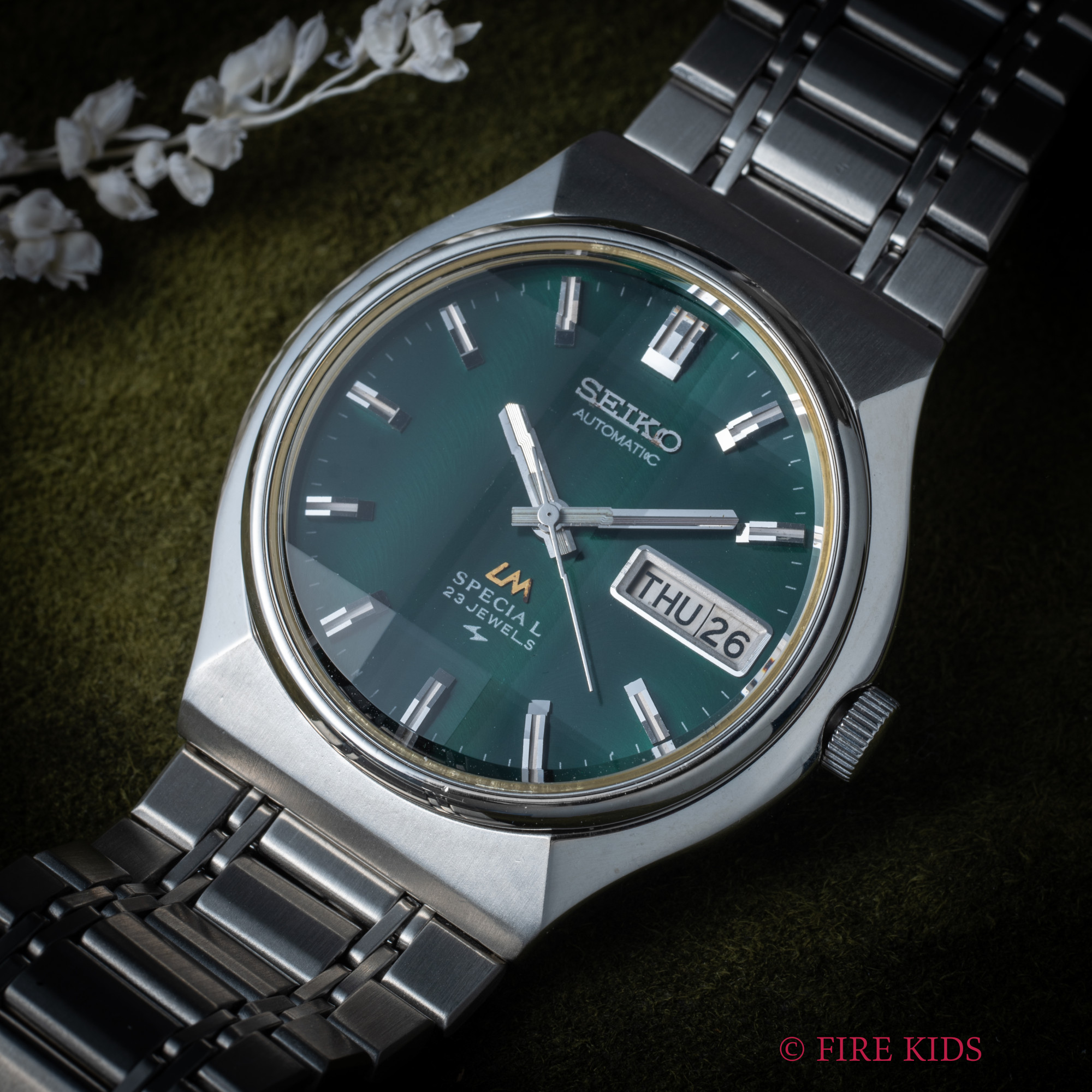 セイコー  ロードマチックスペシャル デイデイト グリーンダイヤル カットガラス 漢字曜日 純正ブレス 1974年製