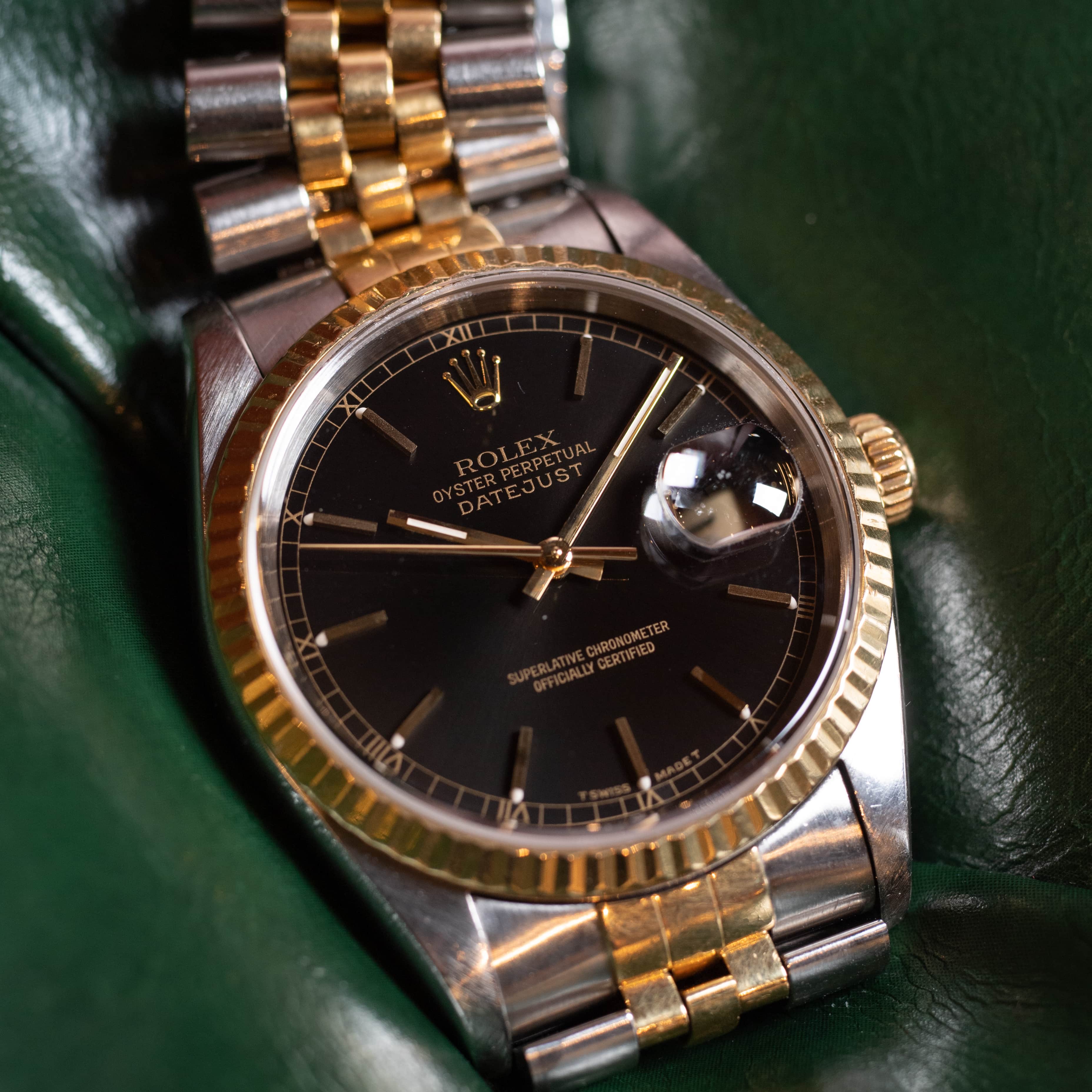 ロレックス デイトジャスト 1997年製 Ref.16233 コンビ ブラックダイヤル 箱、ギャラ付き