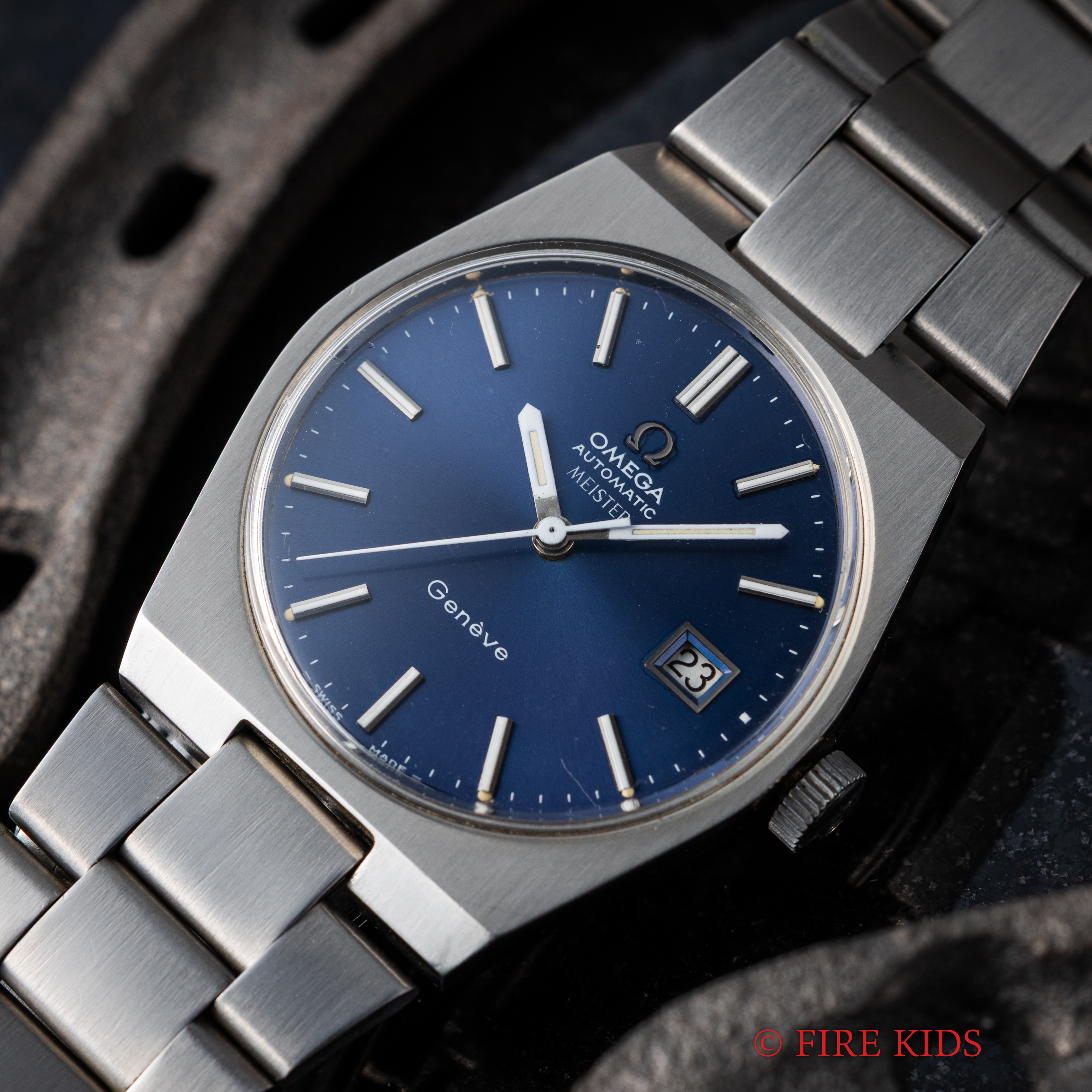 オメガ ジュネーブ ブルーダイヤル 1971年製 Ref.166099 Cal.1481 ケース一体型純正ブレス マイスターWネーム