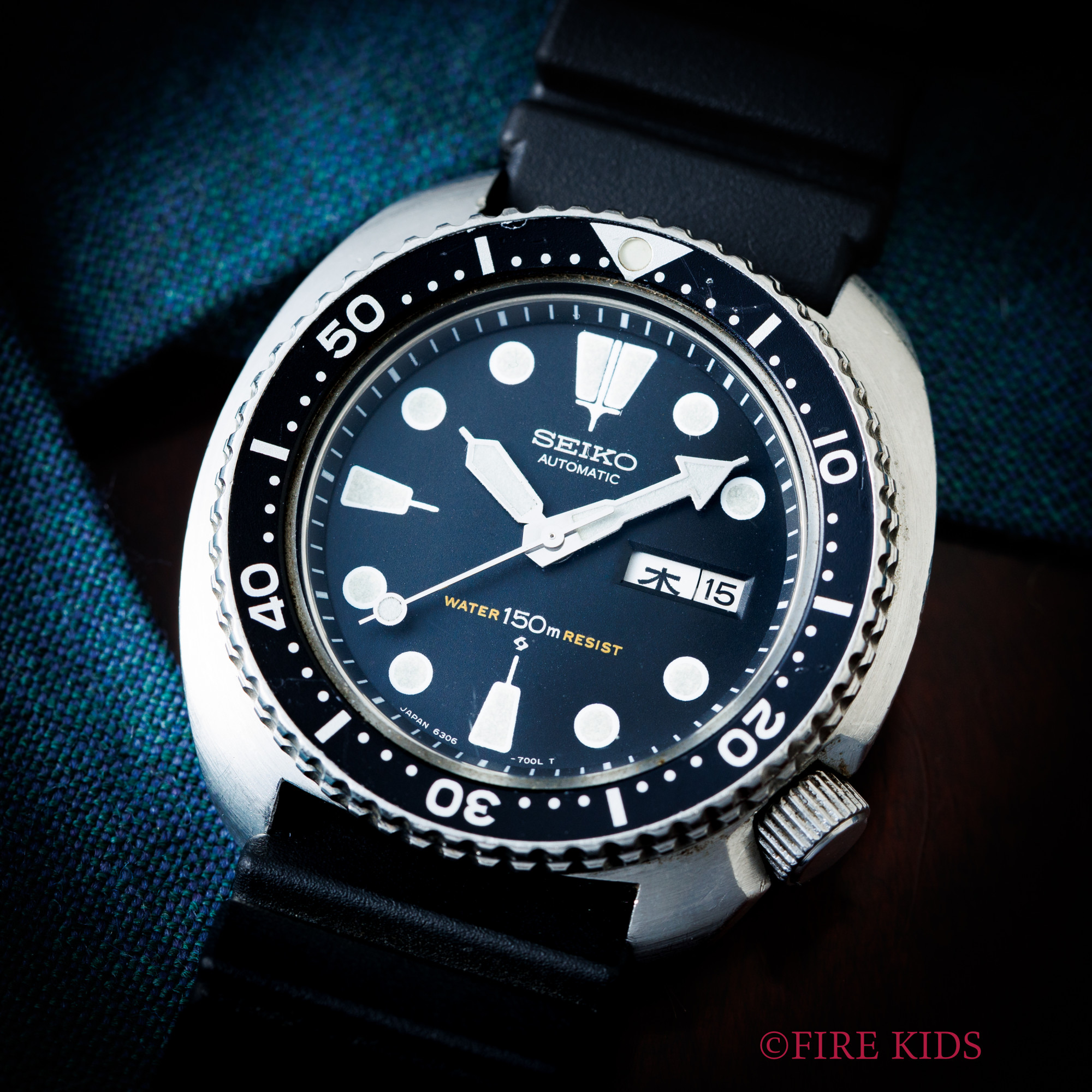 セイコー 150mダイバー 3rd 1976年製 国内仕様 Cal.6306A 漢字デイ Ref.6306-7001 純正尾錠、ラバーベルト付き タートル