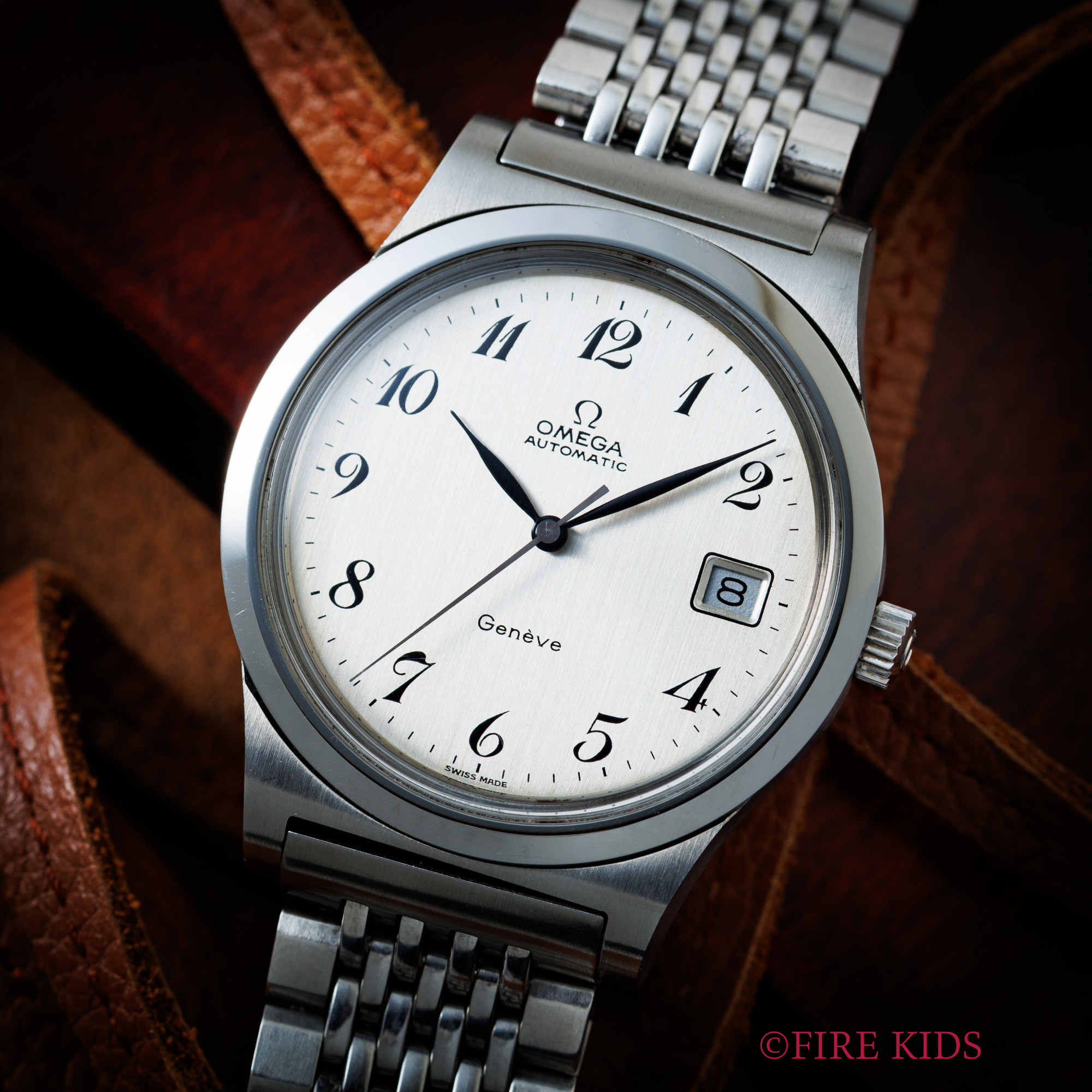 オメガ ジュネーブ アラビアダイヤル 純正ブレス付き 1973年製 リーフハンド ハイビート8振動自動巻き Cal.1012 箱付き