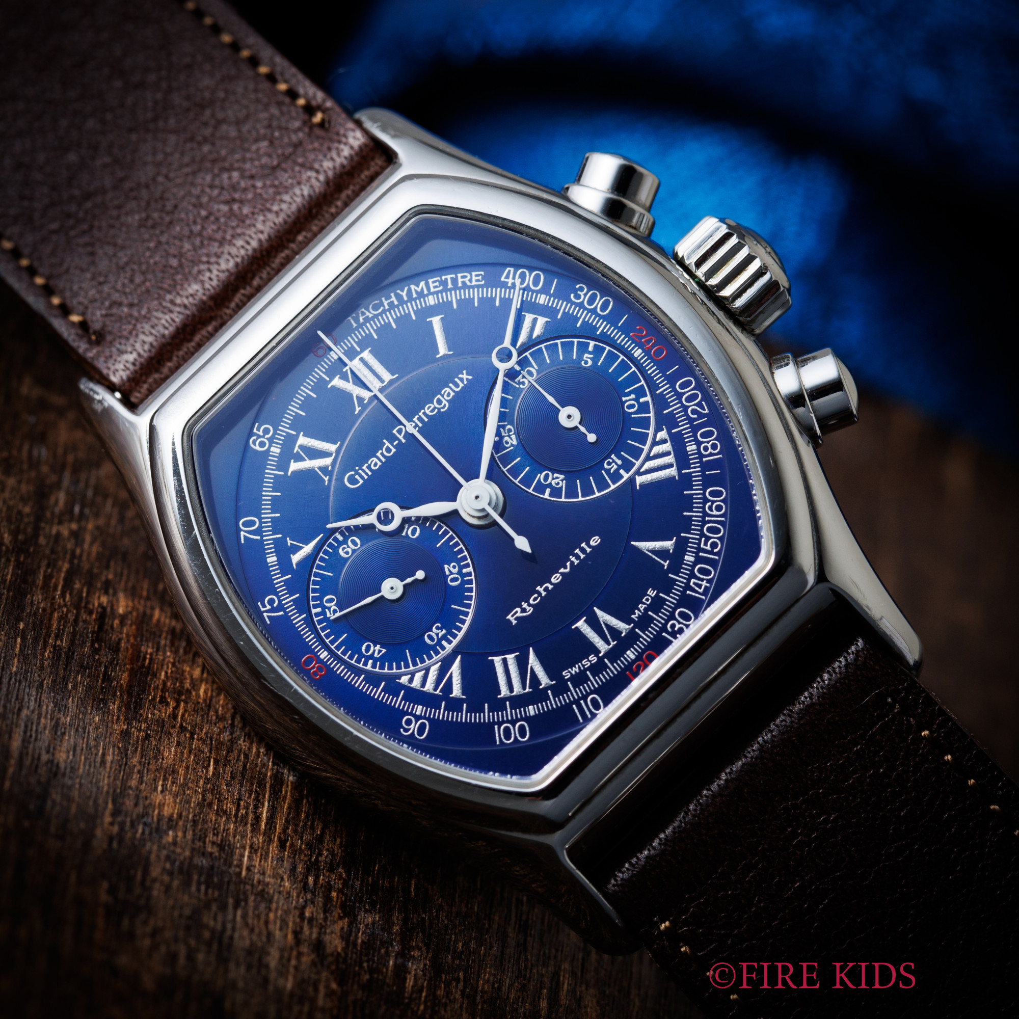 ジラールペルゴ リシュビル 手巻きクロノグラフ ブルーローマンダイヤル 1990年代製 純正Dバックル