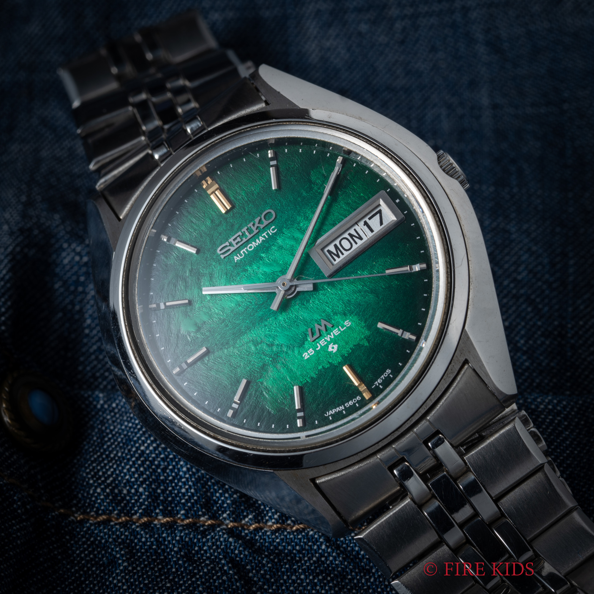 セイコー LM 純正ブレス付き Ref.5606-7192 1973年製 未使用品 8振動自動巻きCal.5606A 漢字デイ デイデイト グリーン タグ付き