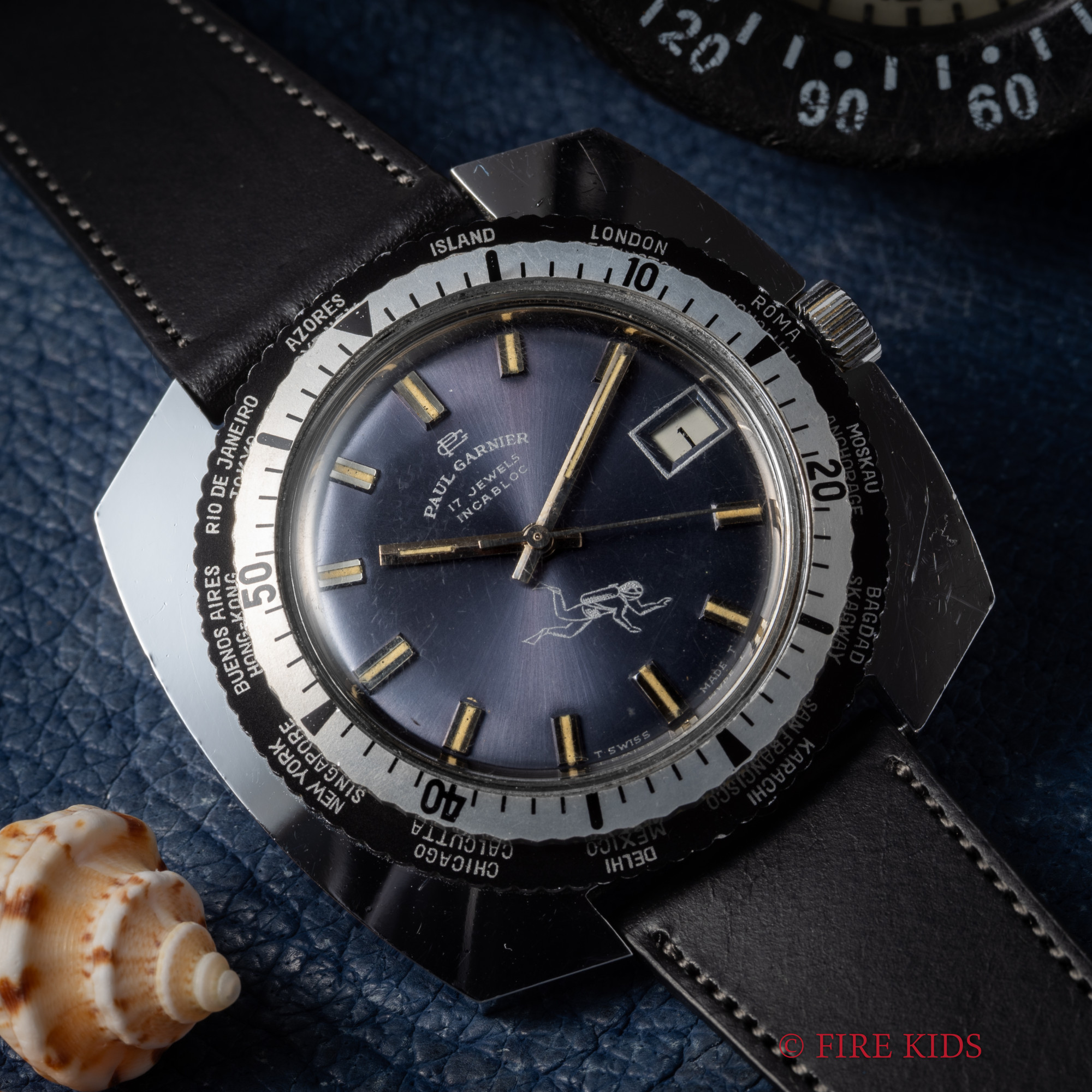 ポールガルニエ　ワールドタイムダイバー　1970年代　ブルーダイヤル　回転ベゼル