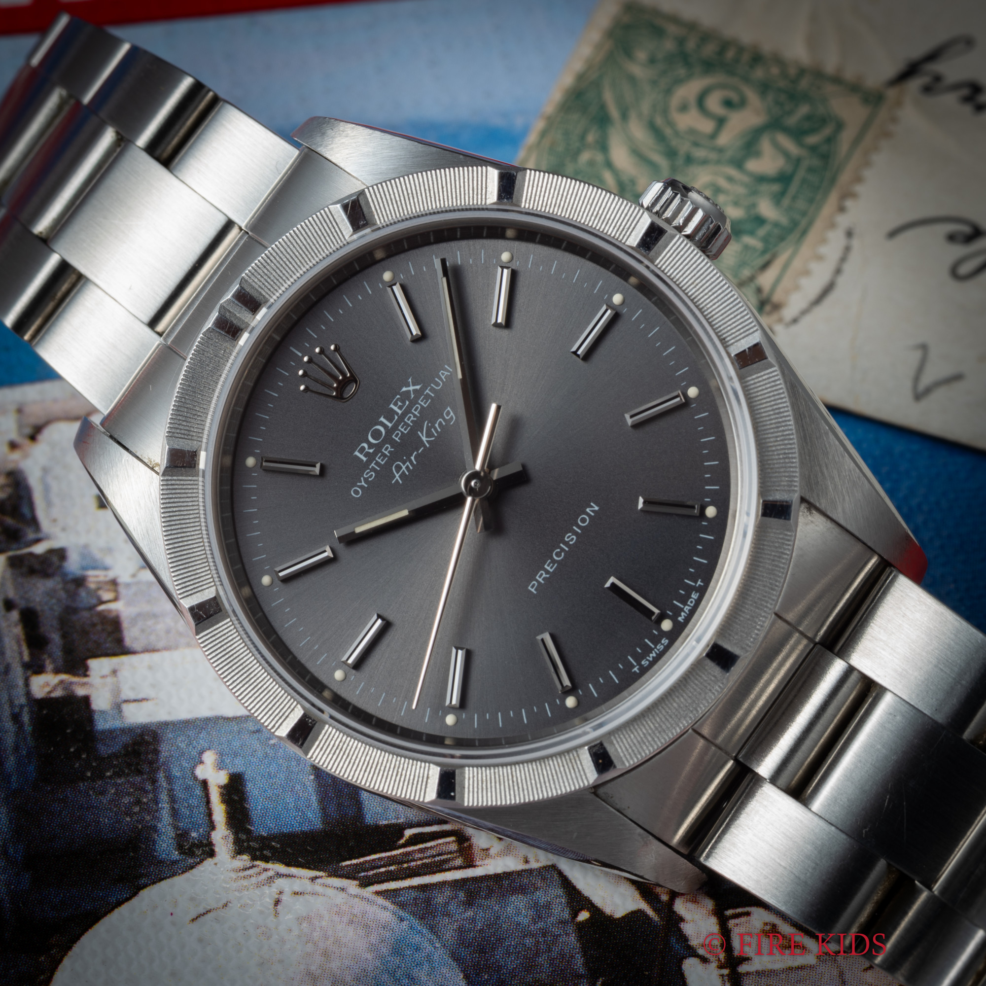 ロレックス エアキング 1991年製 自動巻き グレーダイヤル エンジンターンドベゼル 純正ハードブレス付き Ref.14010 ノンデイト
