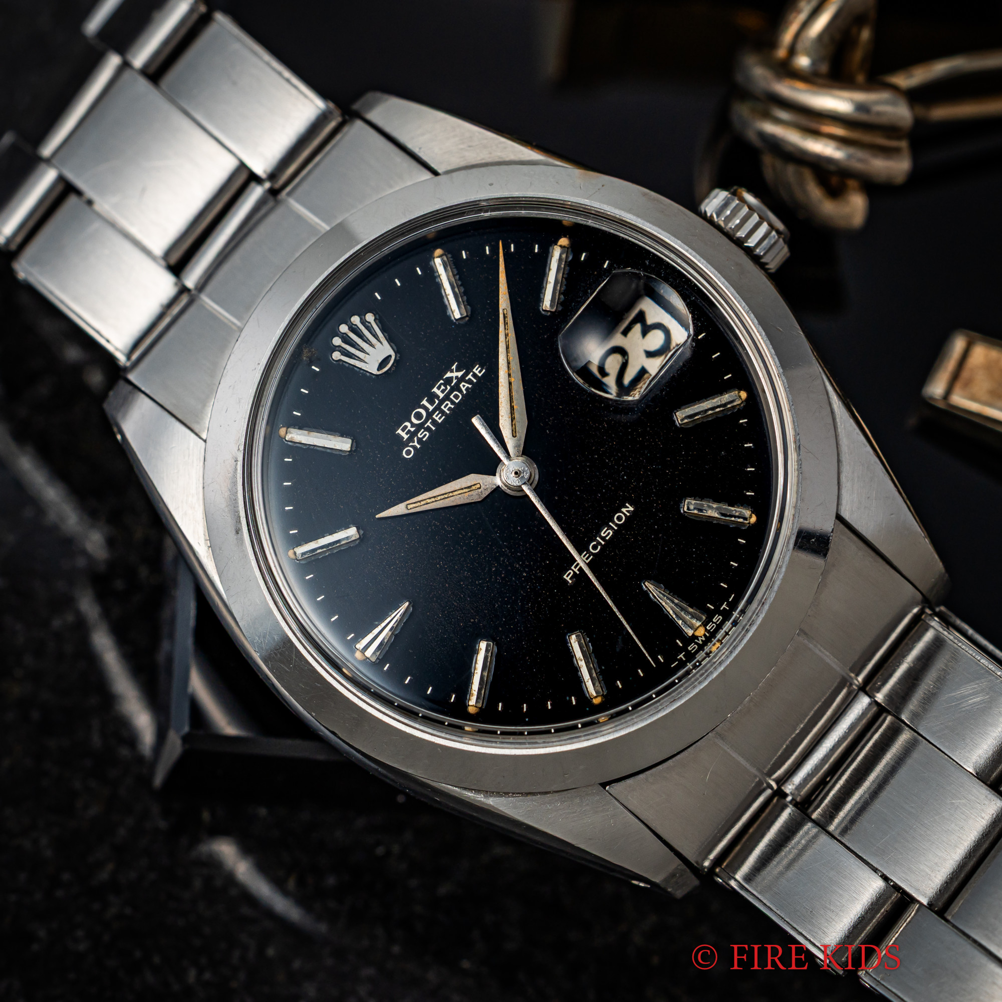 ロレックス オイスターデイト Ref.6694 1965年製 ブラックギルトダイヤル 純正リベットブレス 手巻き アルファハンド