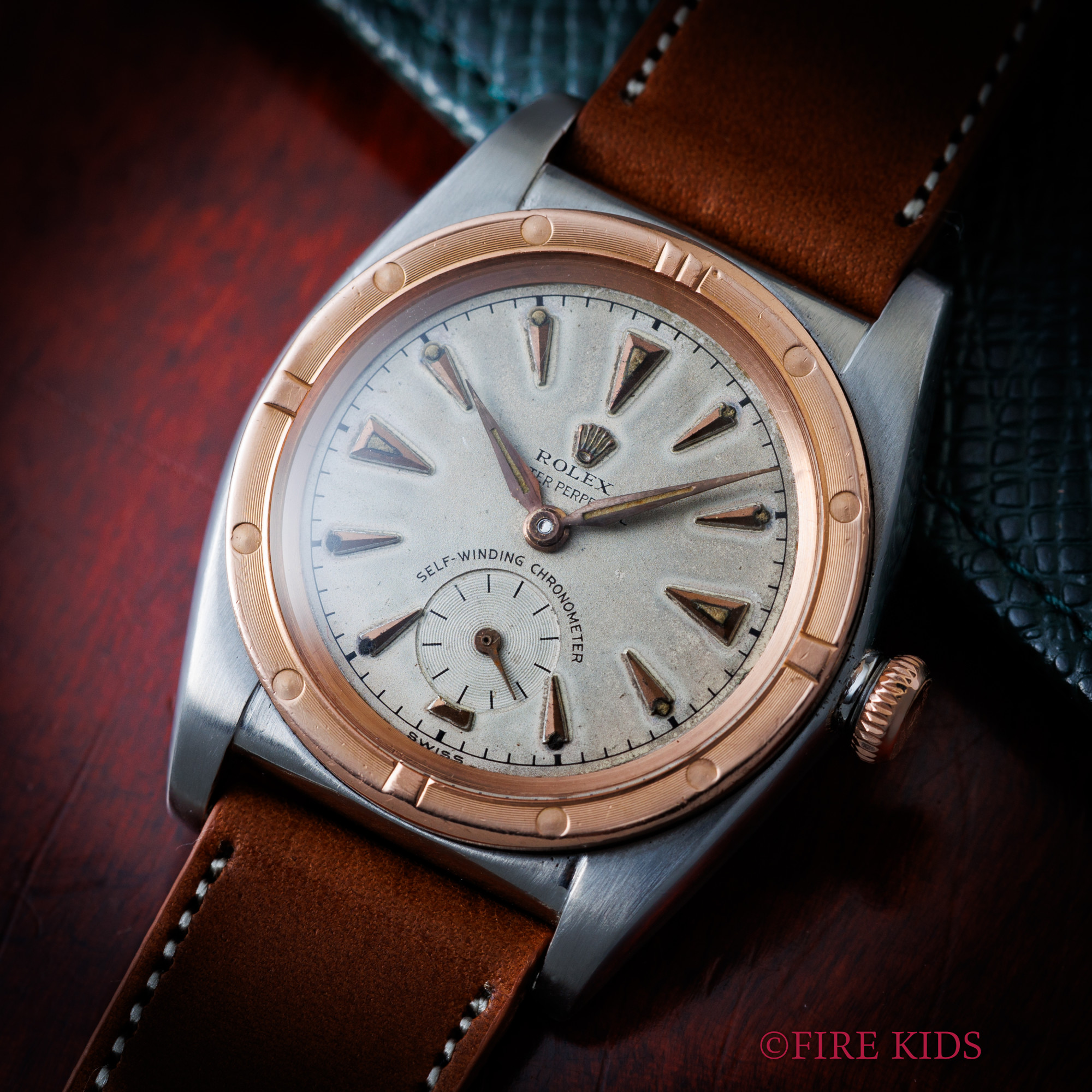 ロレックス バブルバック ピンクゴールドコンビ エンジンターンドベゼル クロノメーター Ref.3458 1945年製