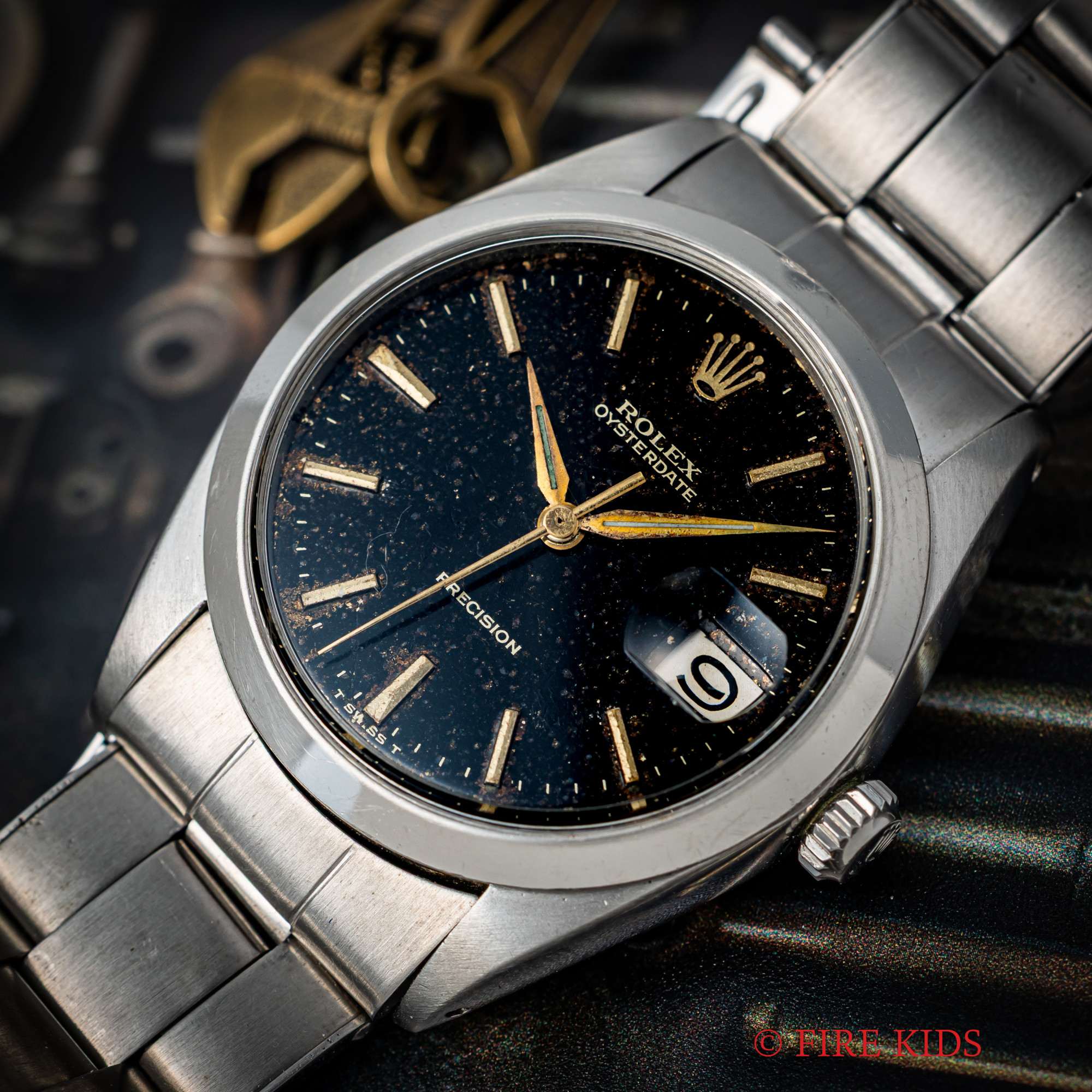 ロレックス オイスターデイト 1966年製 ブラックミラーダイヤル Ref.6694 手巻 アルファハンド 純正リベットブレス