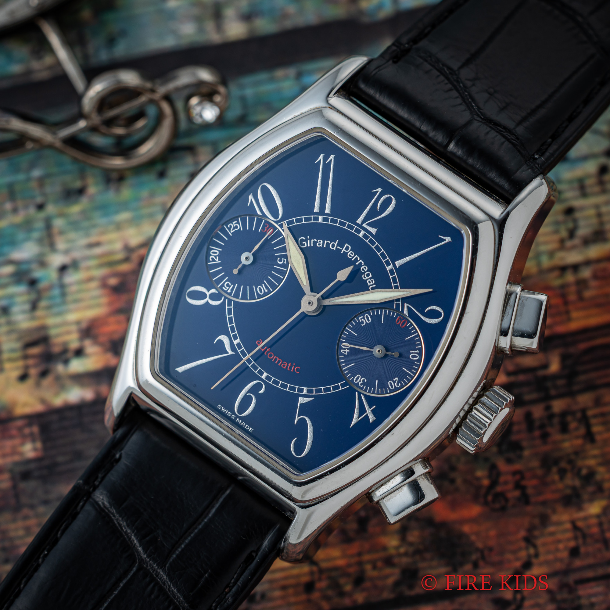 ジラール・ペルゴ リシュビル 2レジスタークロノグラフ 2000年製（平成12年製）ブルーアラビアダイヤル 自動巻 純正Dバックル ギャラ