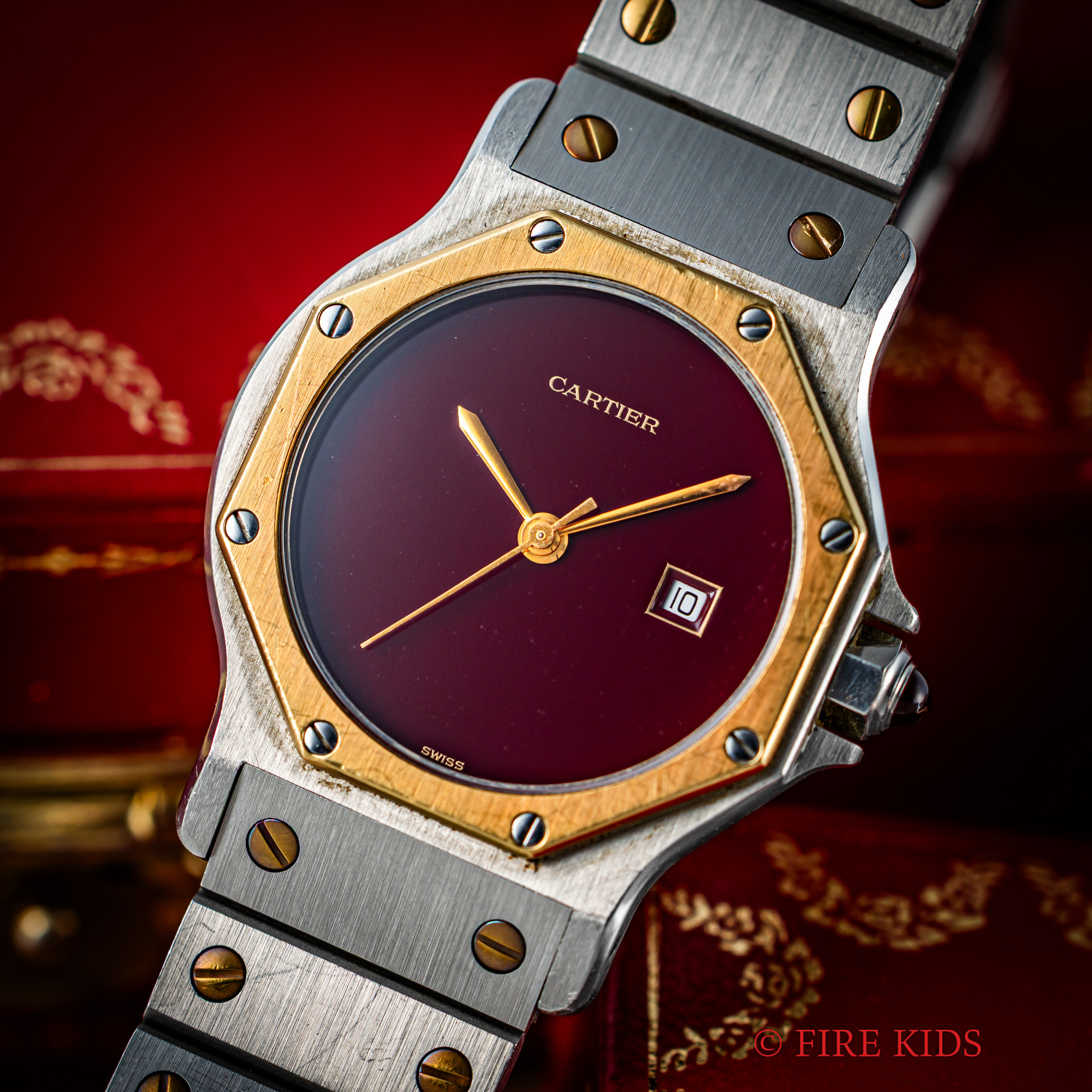 カルティエ サントス オクタゴン 1980年代製 LMサイズ ボルドーダイヤル 自動巻