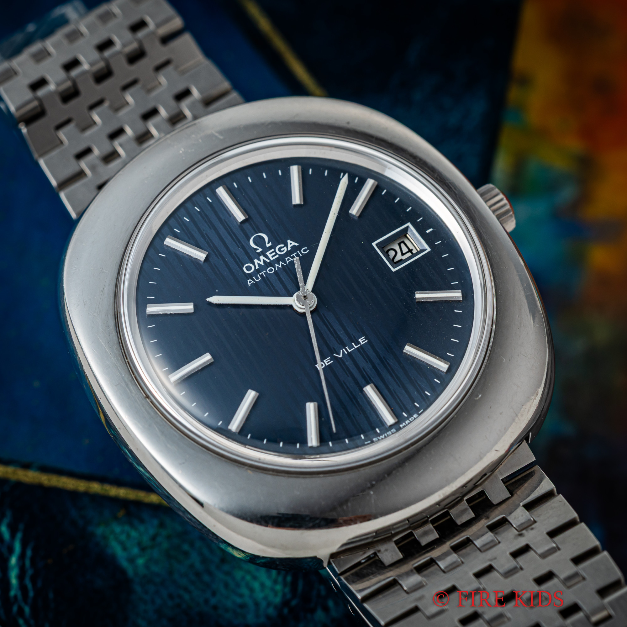 オメガ デヴィル タペストリーダイヤル 1972年製 Ref.166.155 自動巻 座布団ケース 純正ブレス