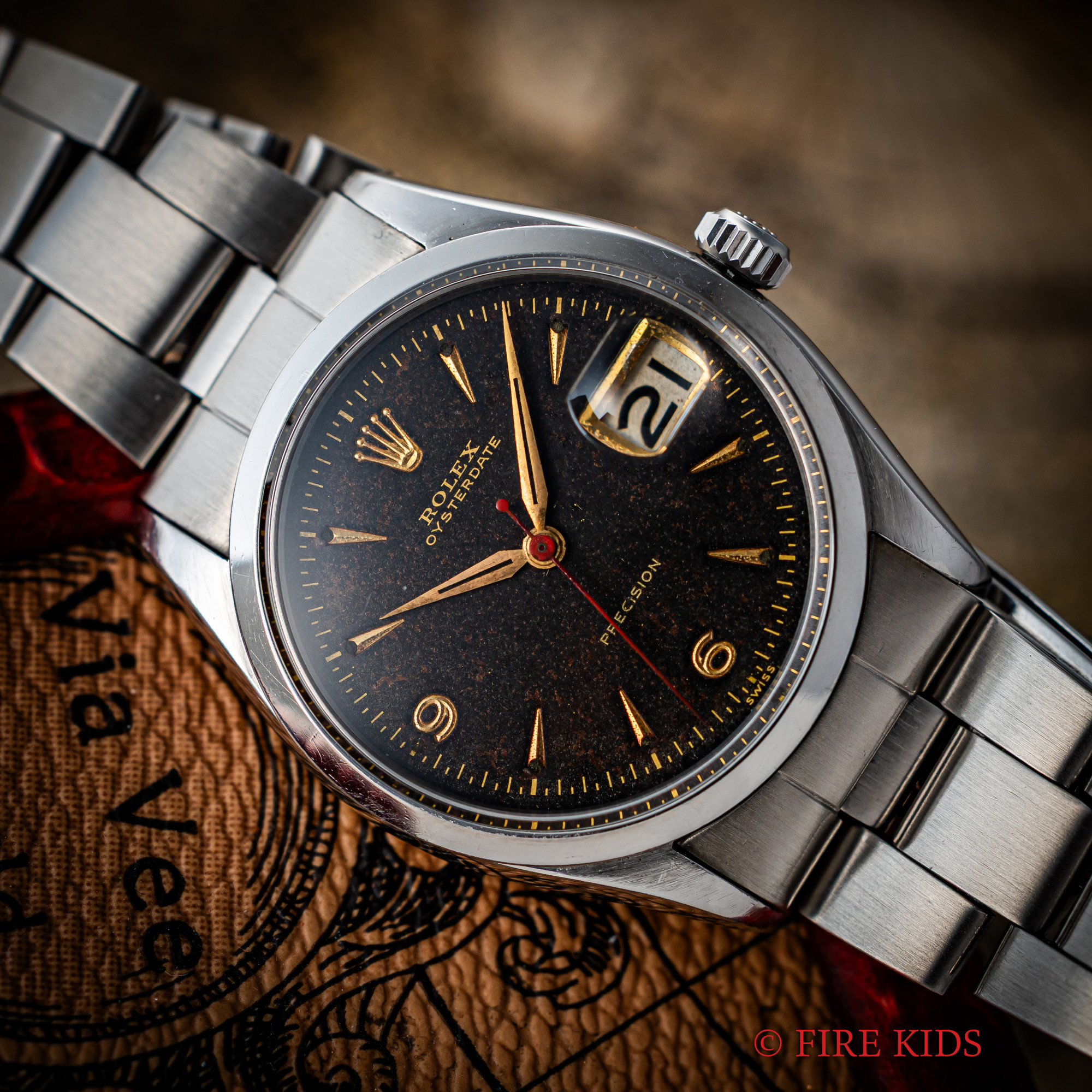 ロレックス 1954年製 オイスターデイト ブラックギルドダイヤル 彫文字盤 Ref.6294 手巻 純正オイスターブレス