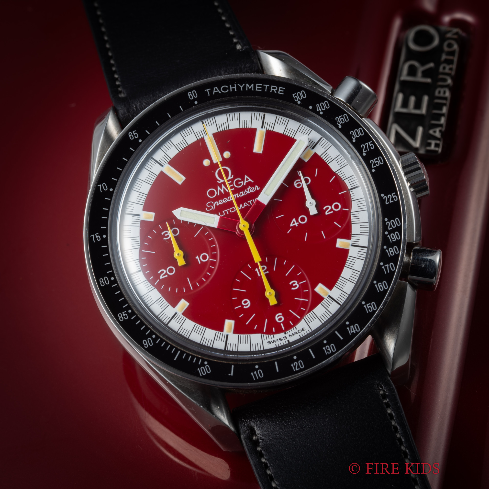 オメガ スピードマスター シューマッハモデル 1996年製 Ref.3810.61 フェラーリレッド 自動巻クロノグラフ 純正尾錠 箱 ギャラ