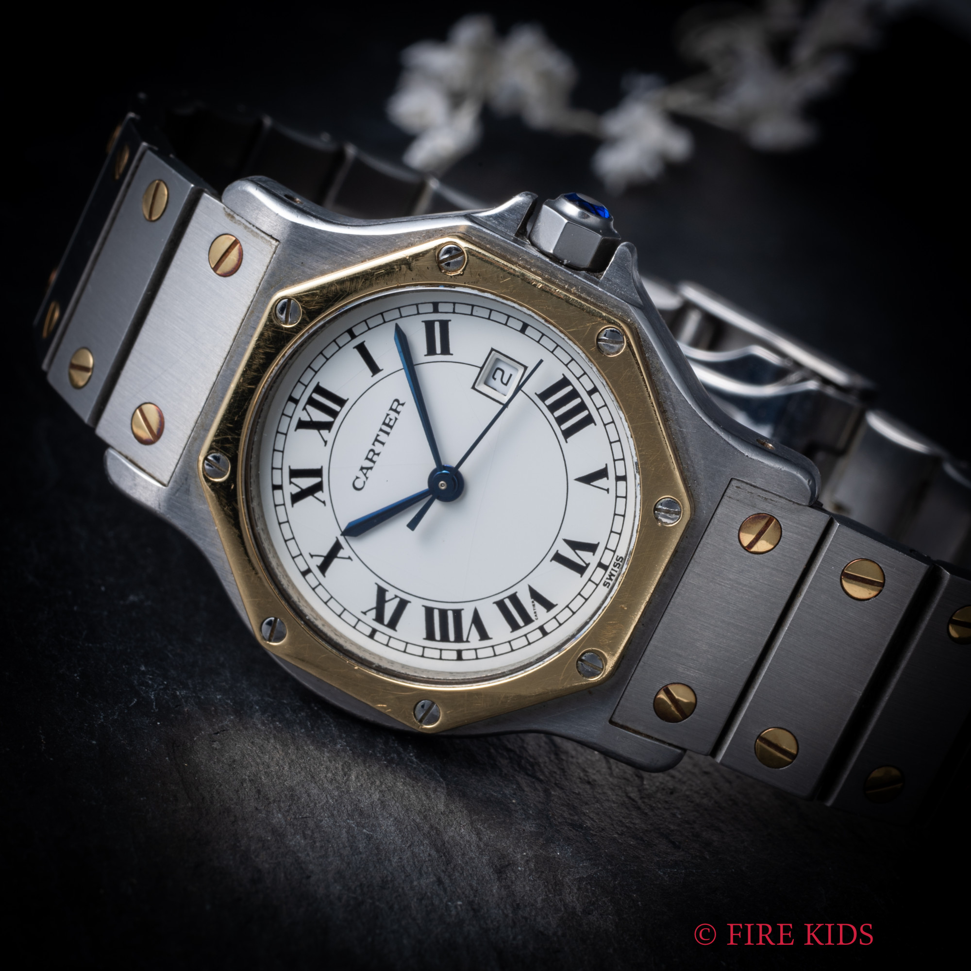 カルティエ サントス オクタゴン コンビ LM 1980年代製 自動巻き ホワイトローマンダイアル 純正コンビブレス付き Ref.2966　