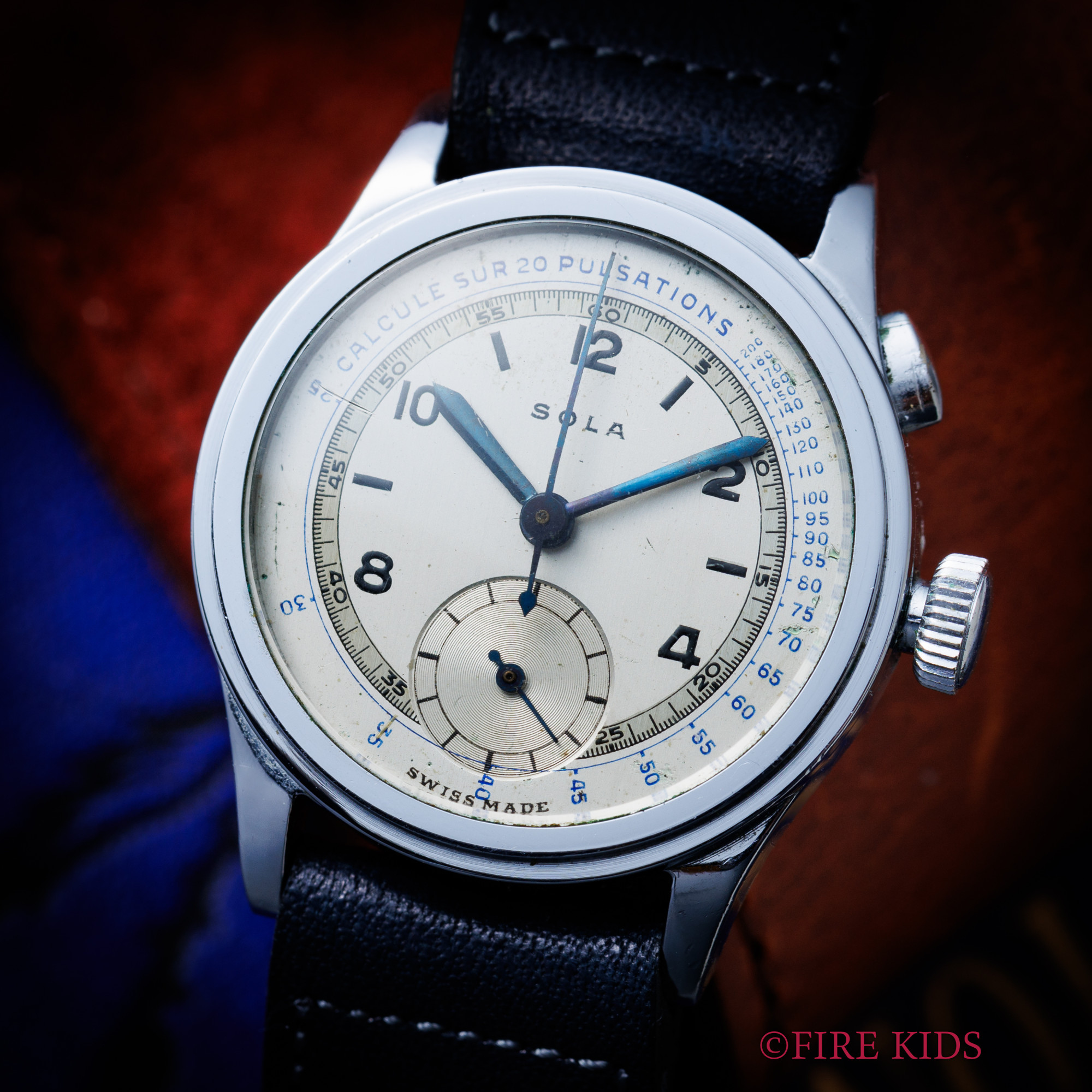 SOLA モノプッシュクロノグラフ パルスメーター 1930年代製　手巻き ブルースチール 飛びアラビア