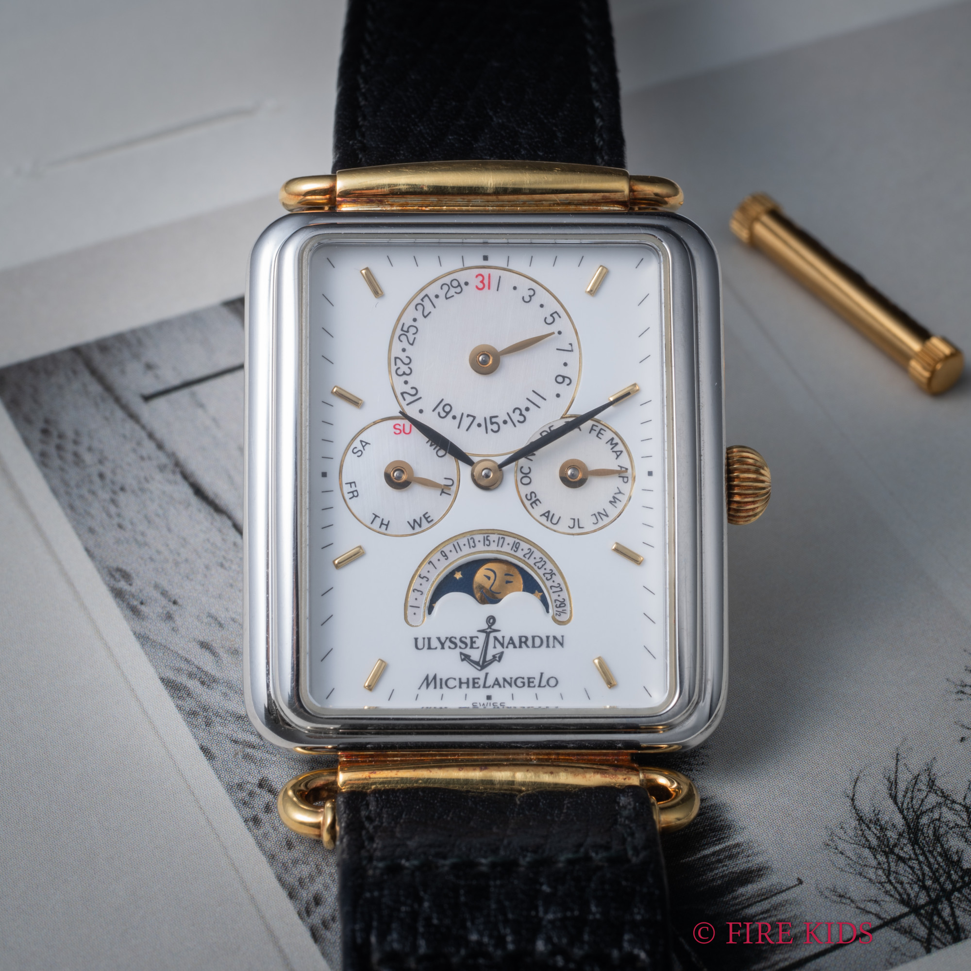 ユリスナルダン ミケランジェロ トリプルカレンダー ムーンフェイズ 1990年代製 Ref.164.44 自動巻 純正尾錠、革ベルト付