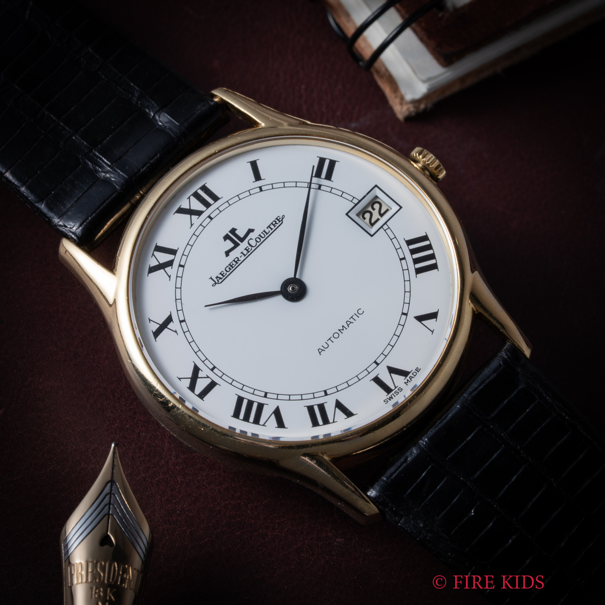 ジャガールクルト 18金イエローゴールド 1980年代製 ホワイトローマン 箱付 薄型手巻き 純正GP尾錠付き