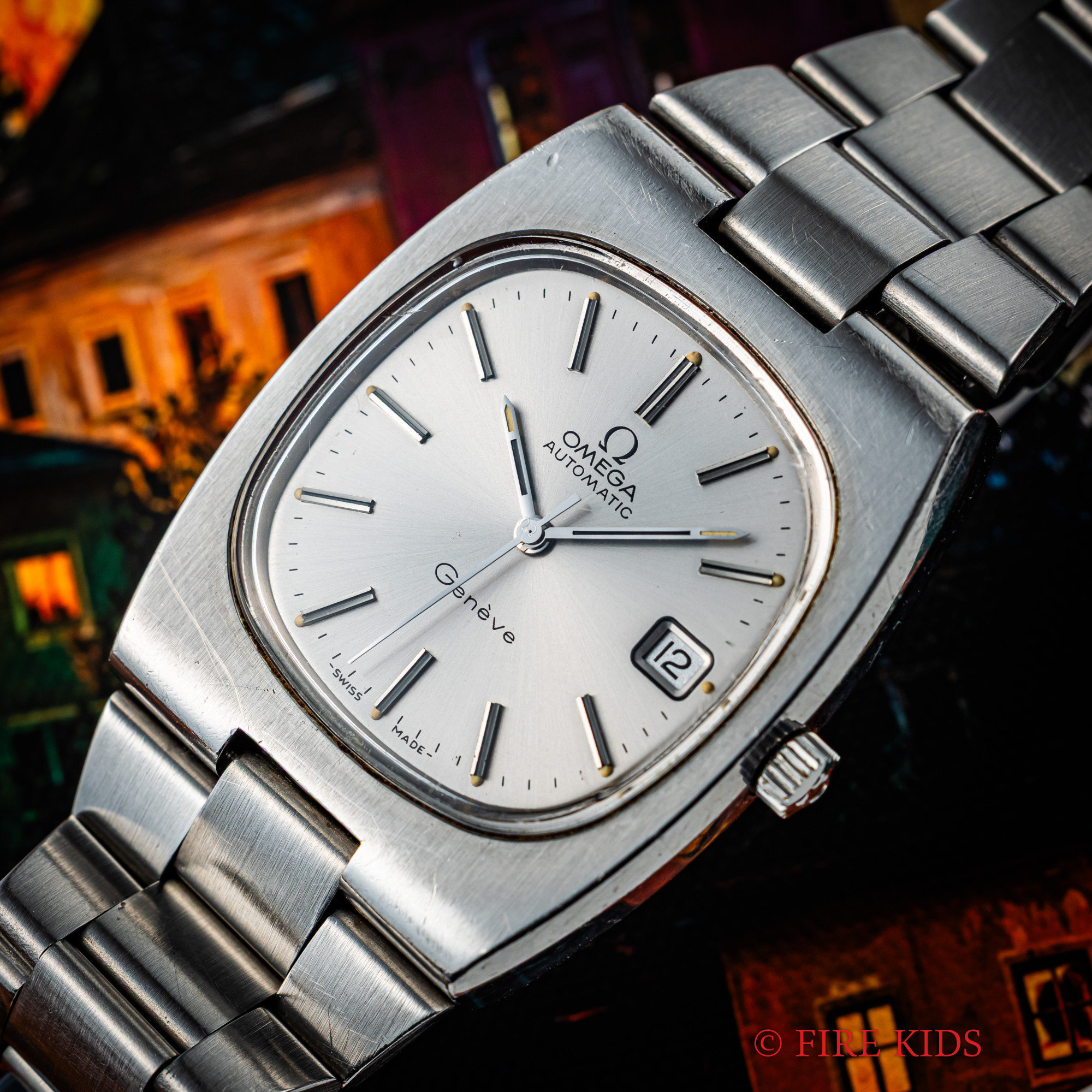 オメガ OMEGA ジュネーブ 1973年製 TVスクリーン型 Ref.166.0191 純正ステンレスブレス付 一体型デザイン