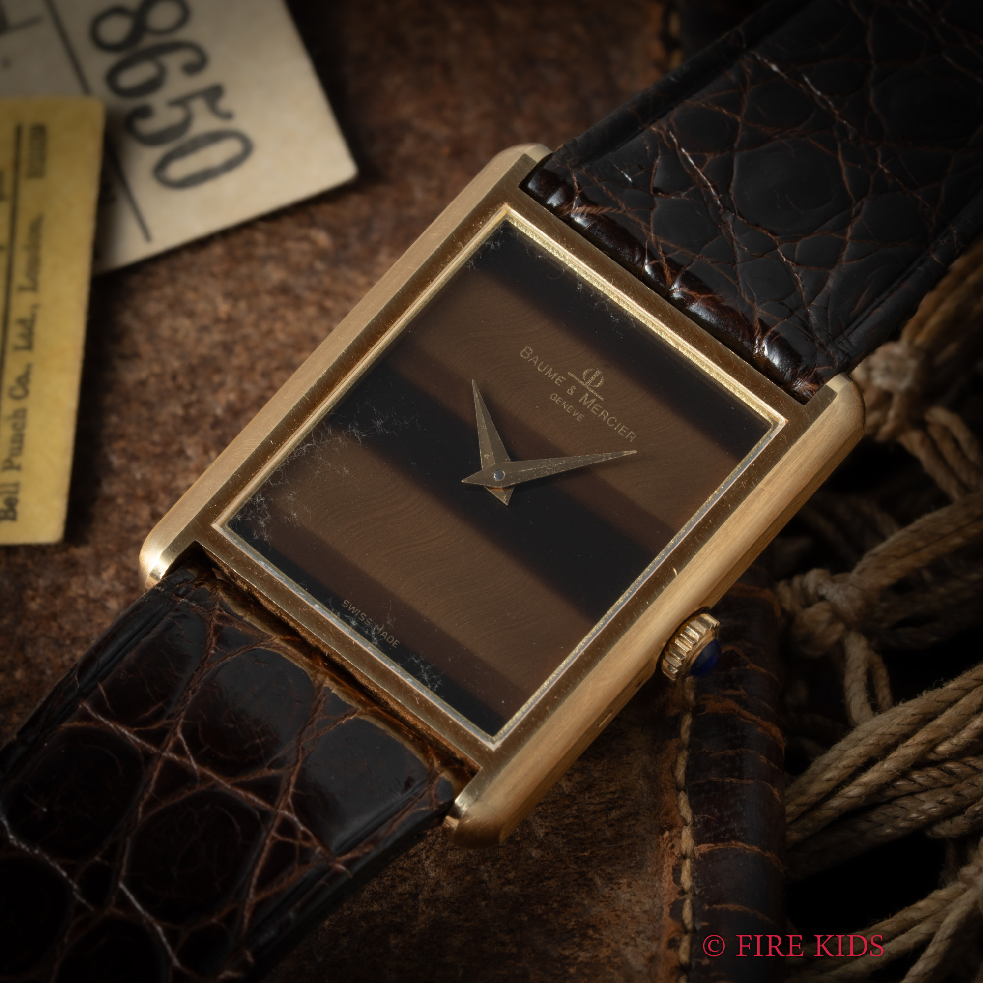 ボーム＆メルシェ Baume&Mercier タンク型 1970年代 タイガーアイ 手巻き 純正GP尾錠、革ベルト、箱付き