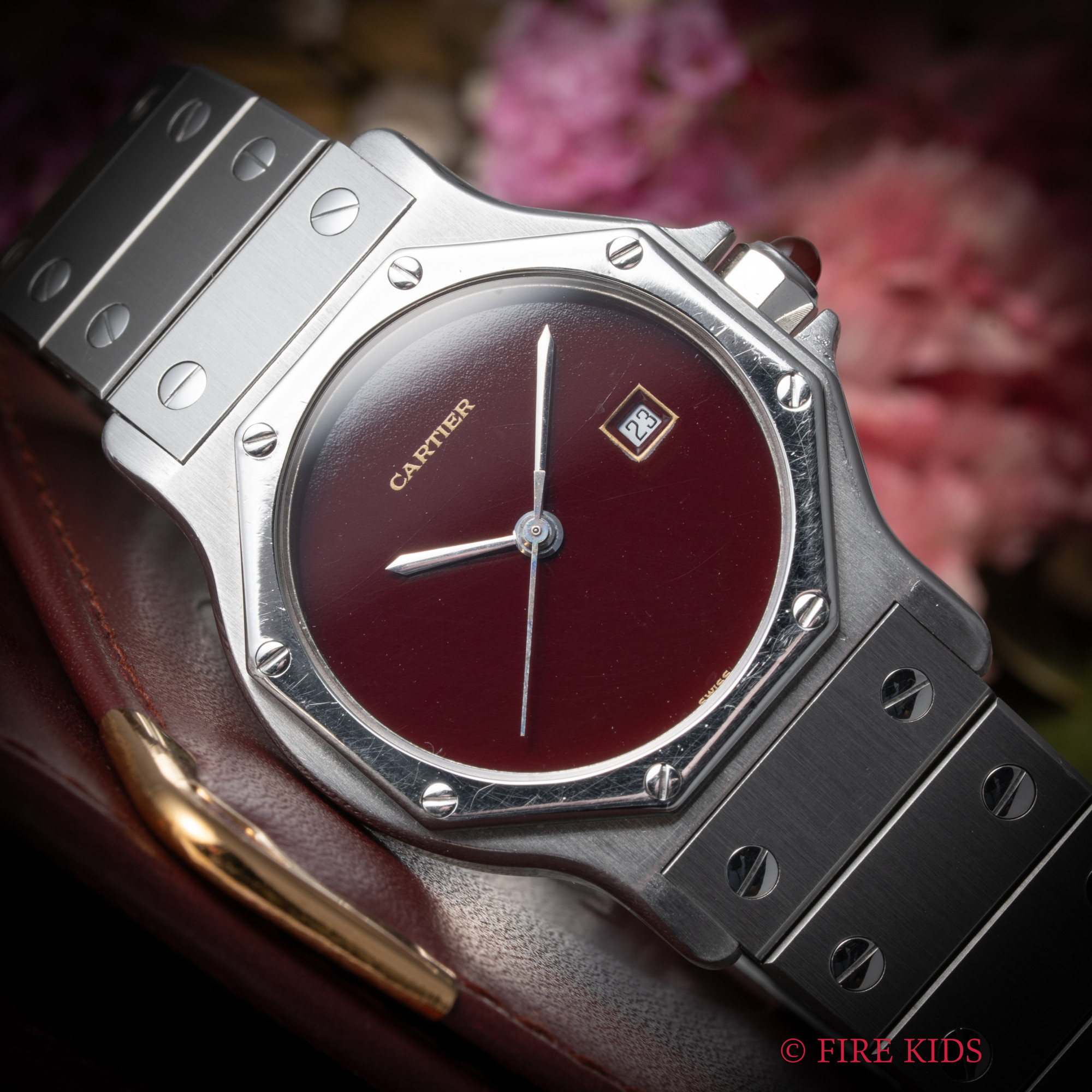 カルティエ CARTIER サントスオクタゴンLM 1980年代製 ボルドーダイヤル Ref.2965 自動巻き ステンレス
