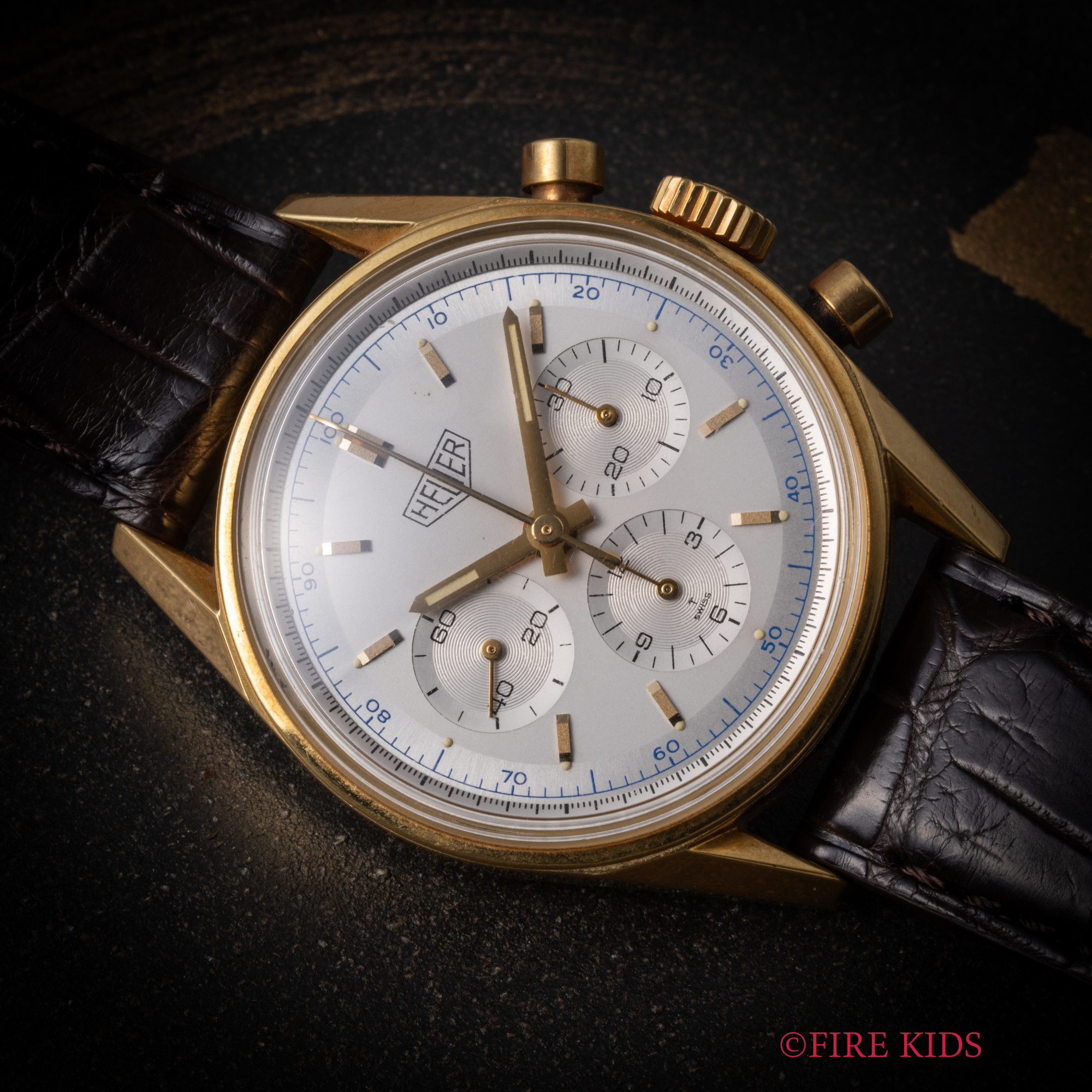 タグ・ホイヤー Tag Heuer カレラ 復刻 18金無垢 クロノグラフ 1990年代製 手巻き Ref.CS3140 純正金無垢尾錠、外箱、1997年販売ギャラ付き