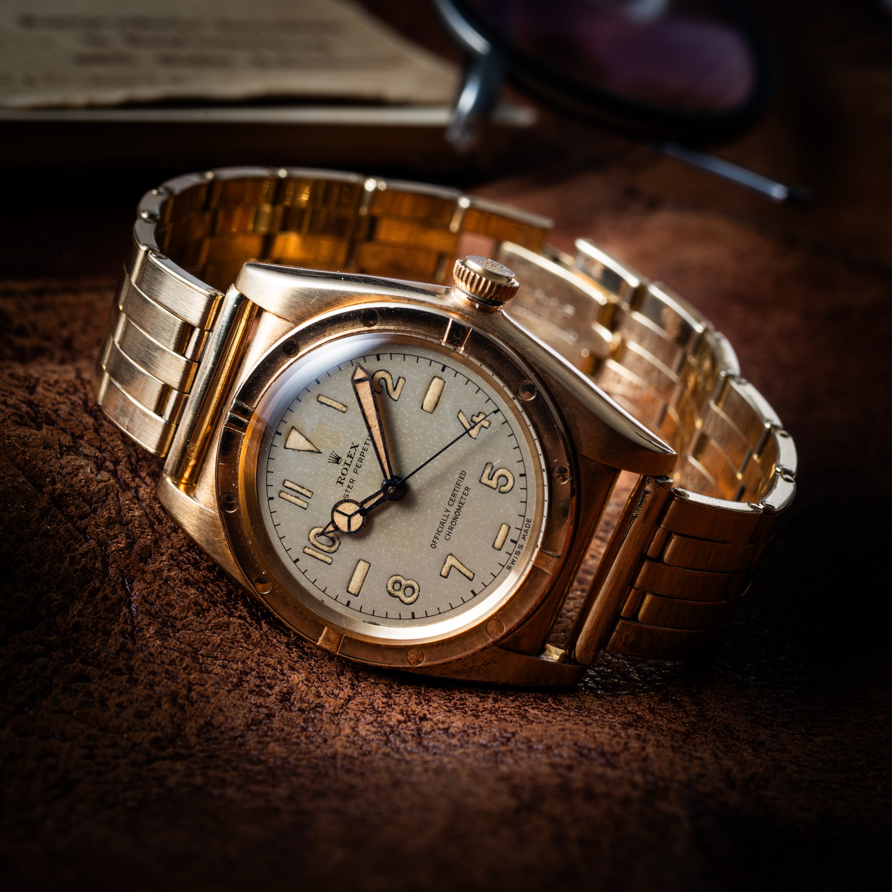 ロレックス バブルバック 1945年製 14KYG セミユニークダイヤル 社外14Kエクステンションブレス