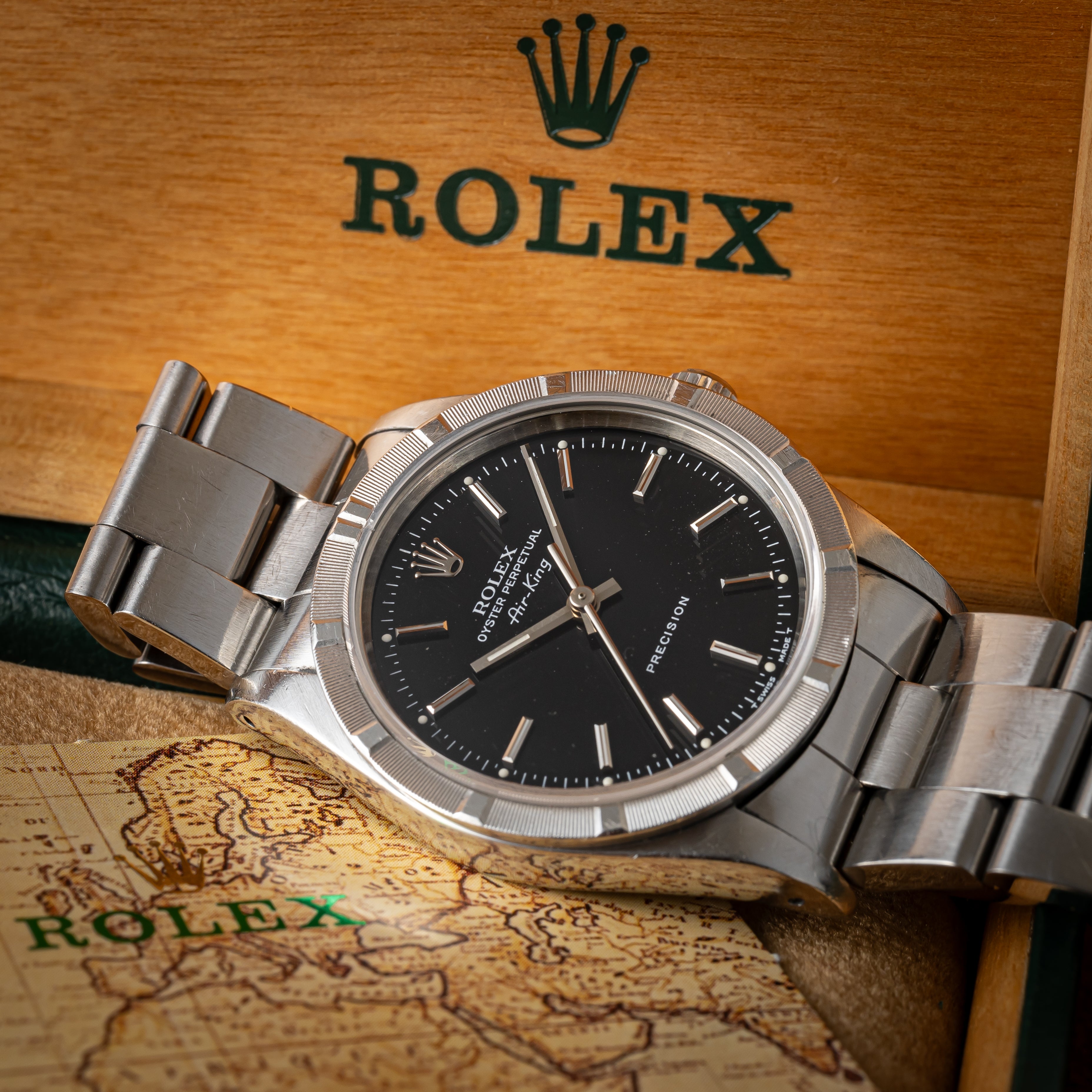 ロレックス エアキング1991年製 Ref.14010  X番 ブラックダイヤル エンジンターンドベゼル 箱、ギャラ付き