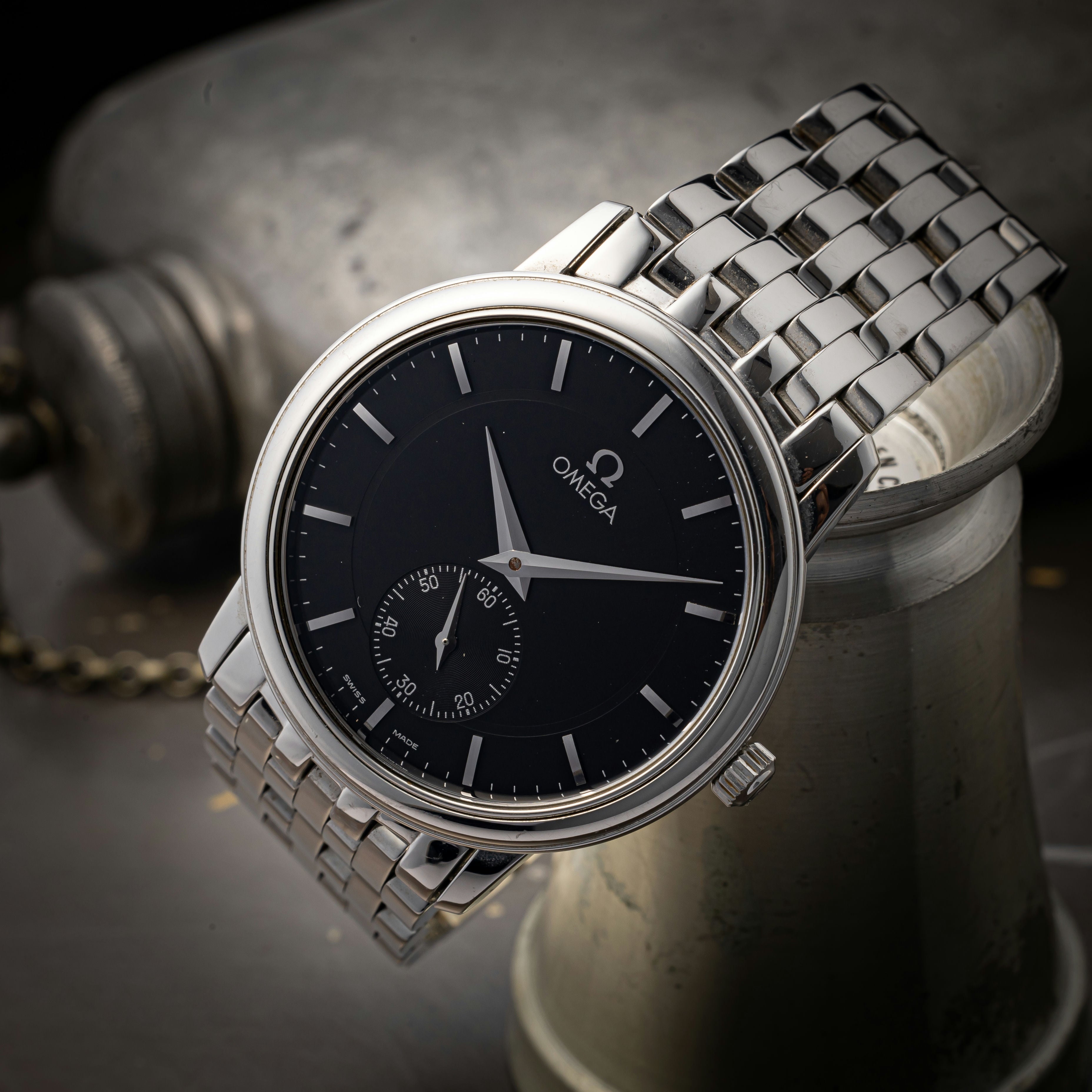 オメガ デ・ヴィル 1993年製 プレステージ 手巻き ブラックダイヤル 純正ステンレスブレス