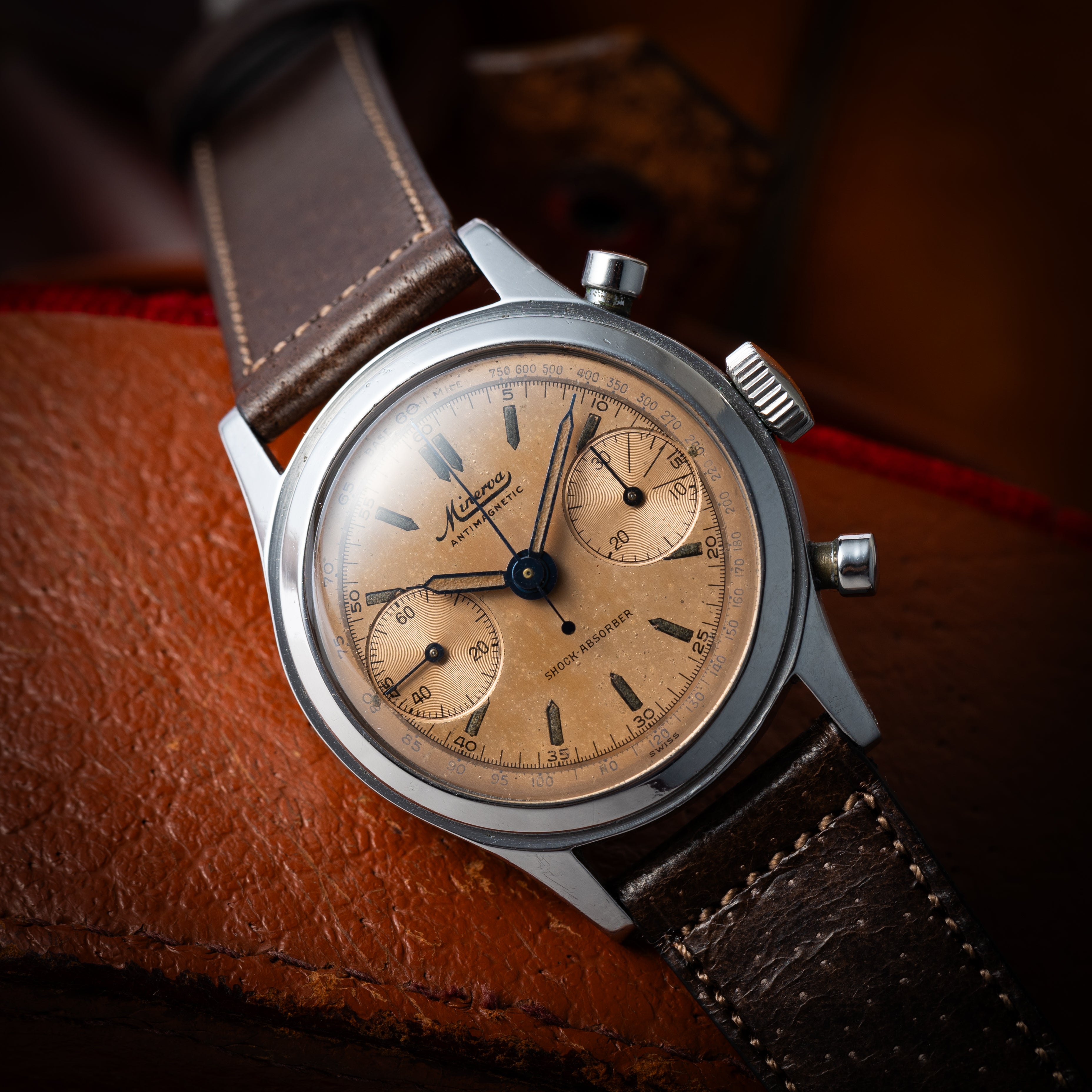 ミネルバ 2レジスタークロノグラフ 1950年代製 Cal.13‐20CH サーモンピンクダイヤル 別作スケルトン裏蓋