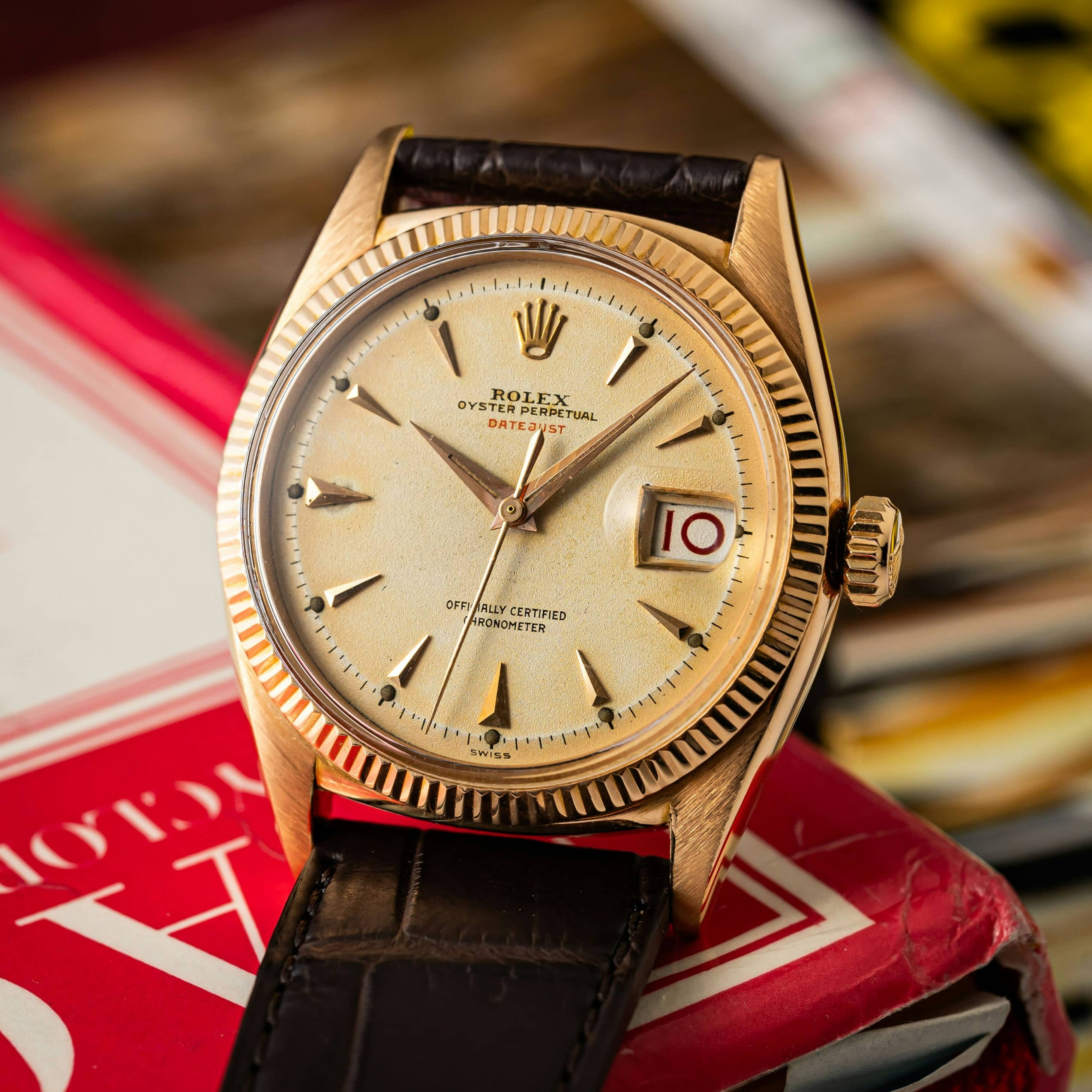 ロレックス ビッグバブルバック デイトジャスト 18金無垢ピンクゴールド 赤黒カレンダー Ref.6305 1950年代製