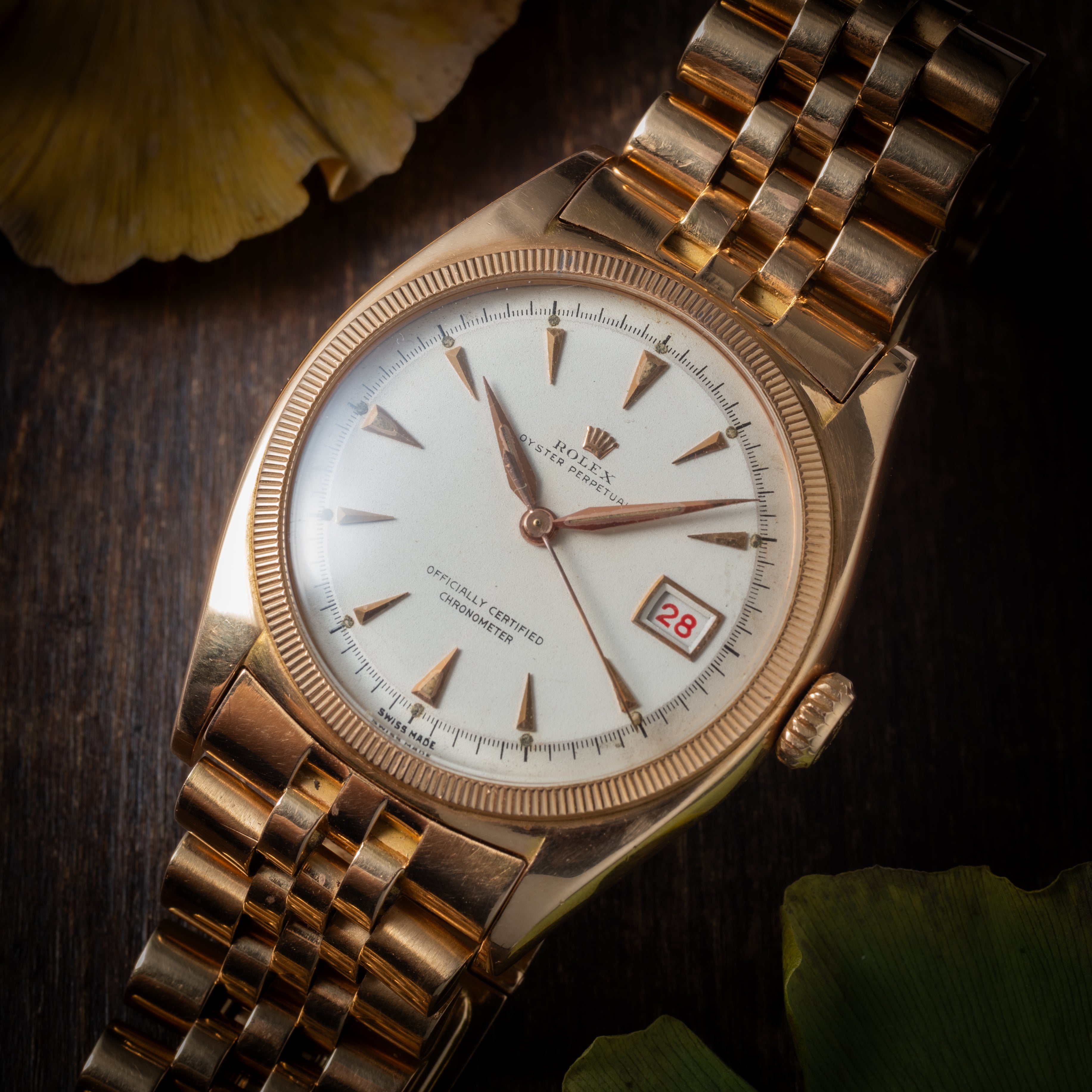 ロレックス オイスターパーペチュアルデイト ovettone 1950年代製 Ref.6075 18金ピンクゴールド 純正ブレス付き