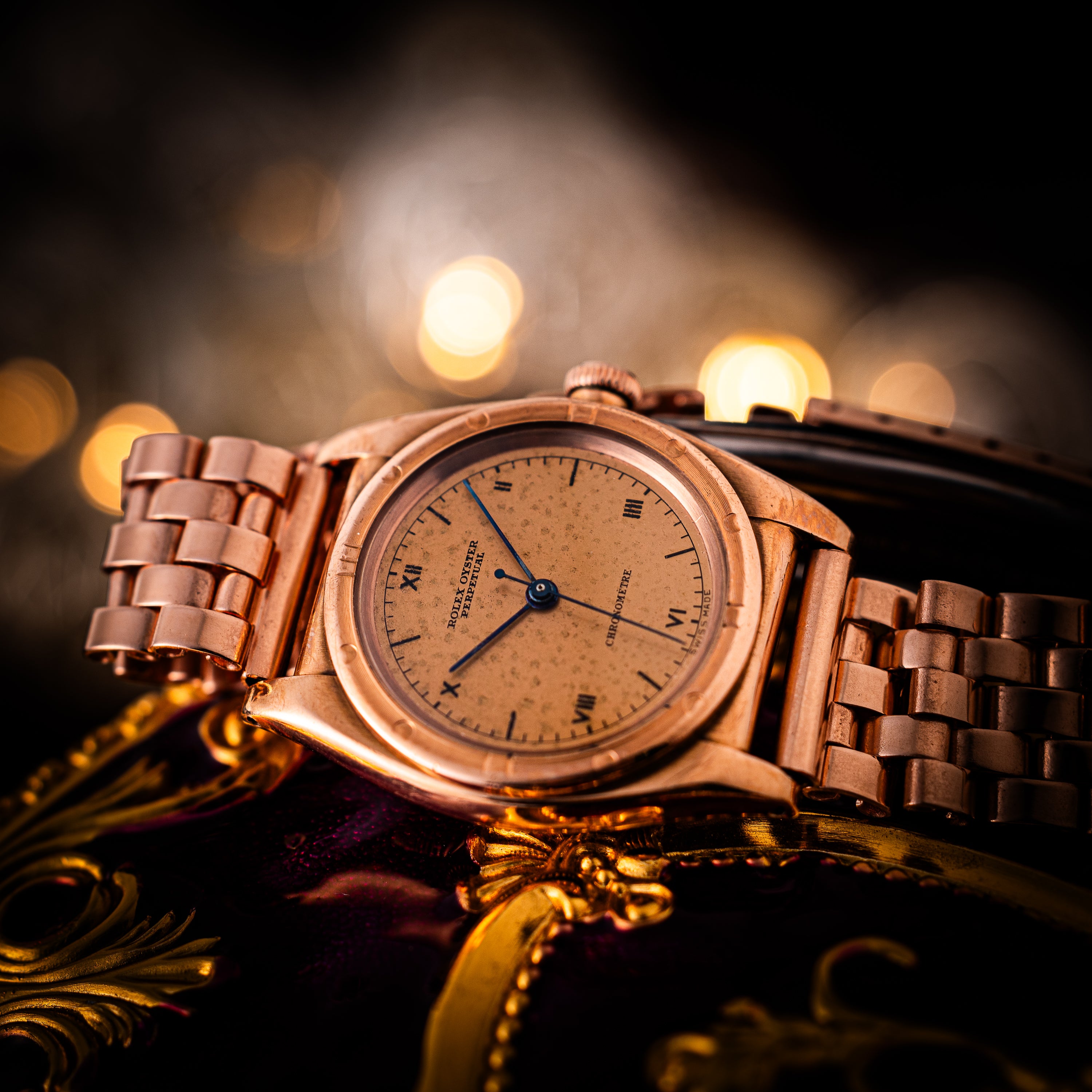 ロレックス 9金無垢ピンクゴールド バブルバック 1938年製 Ref.3372 エンジンターンドベゼル CLEWCOブレス