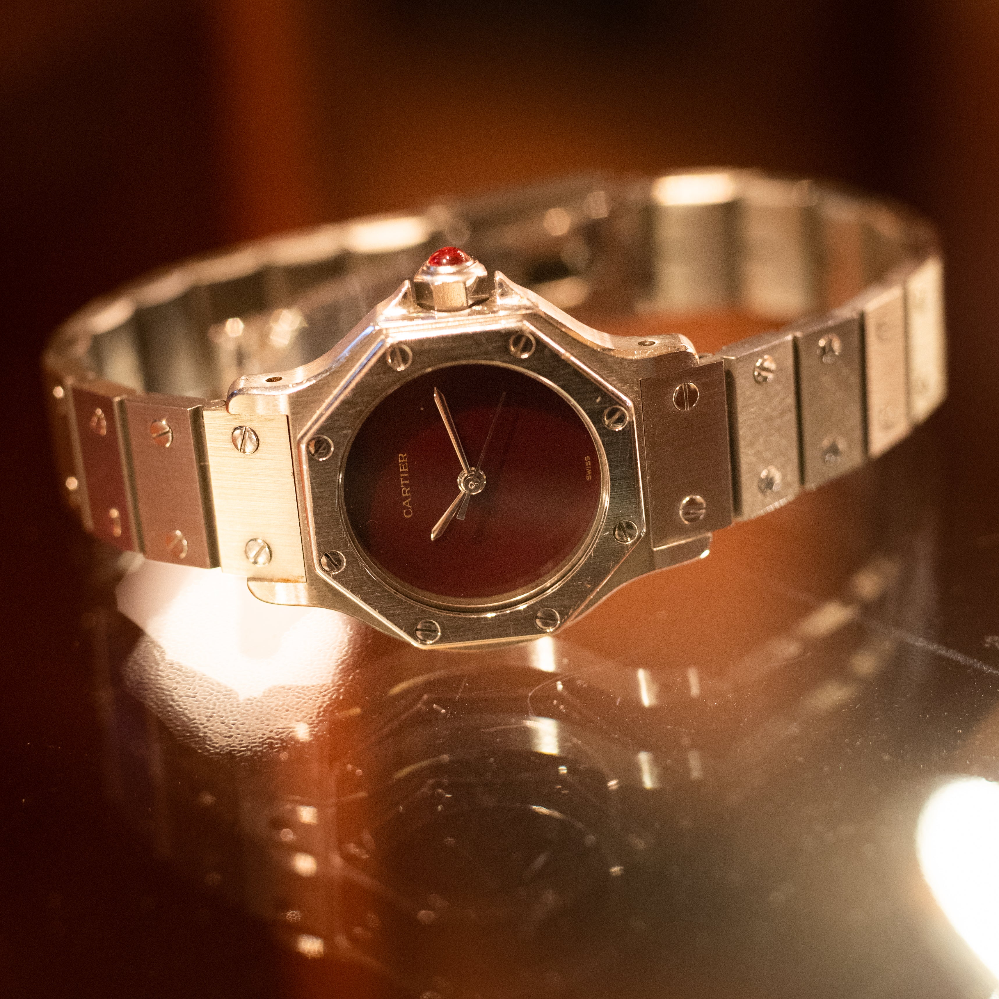 カルティエ サントスオクタゴン SM レディース ボルドーダイヤル 自動巻き 1980年代