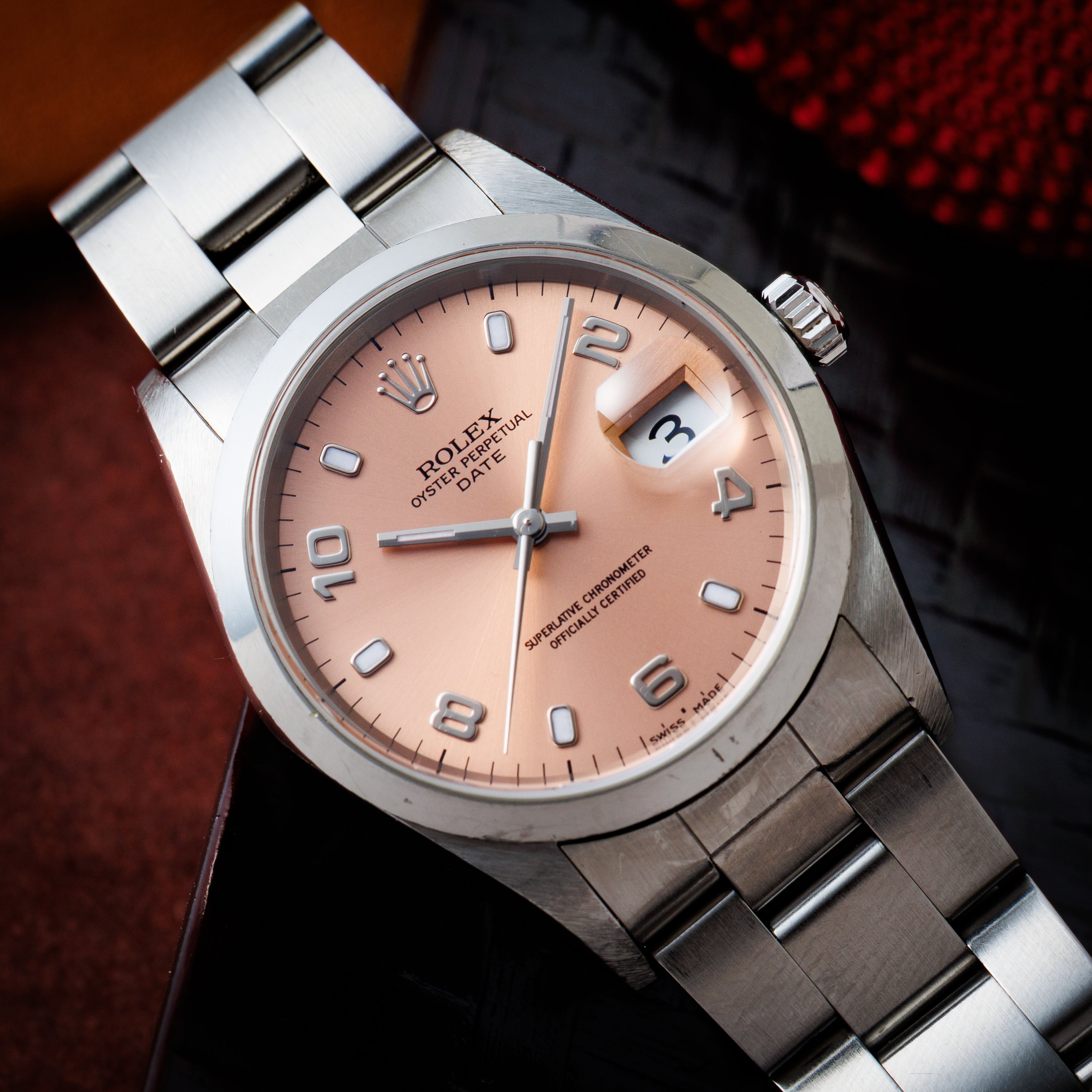 ロレックス オイスターパーペチュアルデイト 1999年製 Ref.15200 飛びアラビアピンクダイヤル 箱付き