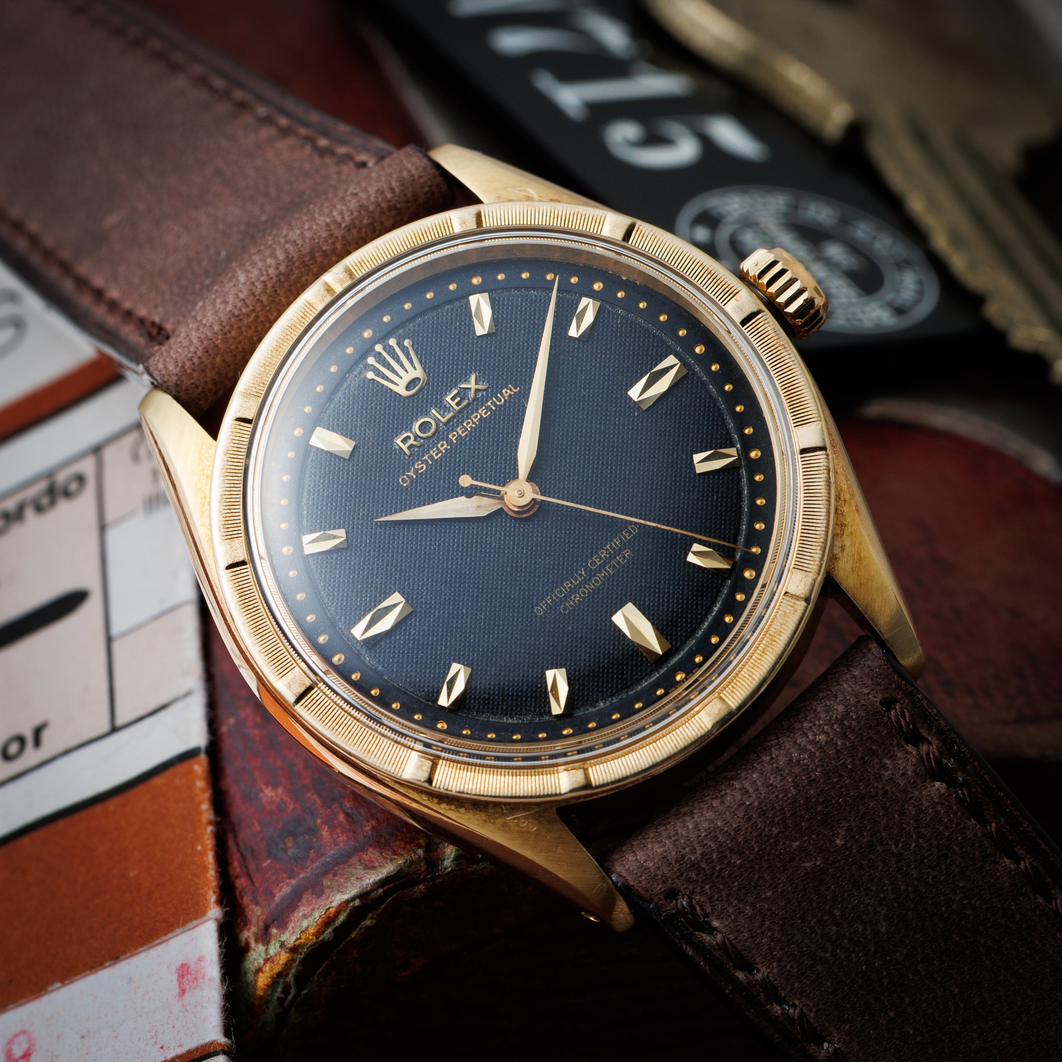 ロレックス 14金無垢オイスターパーペチュアル ブラックギョウシェダイヤル 1956年製 エンジンターンドベゼル