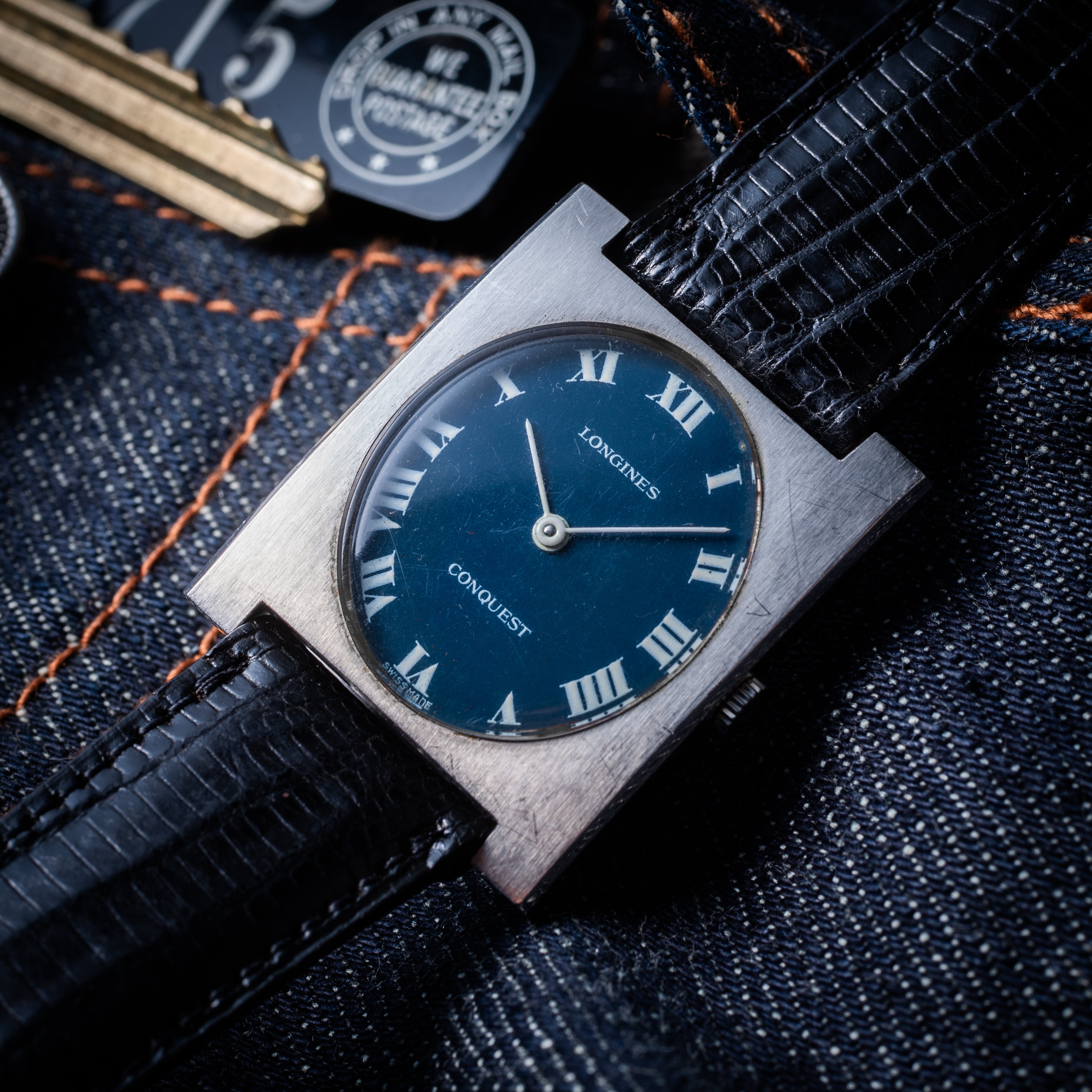 ロンジン コンクエスト レクタンギュラー ブルーローマンダイヤル 1970年代製 純正尾錠付き 薄型手巻き