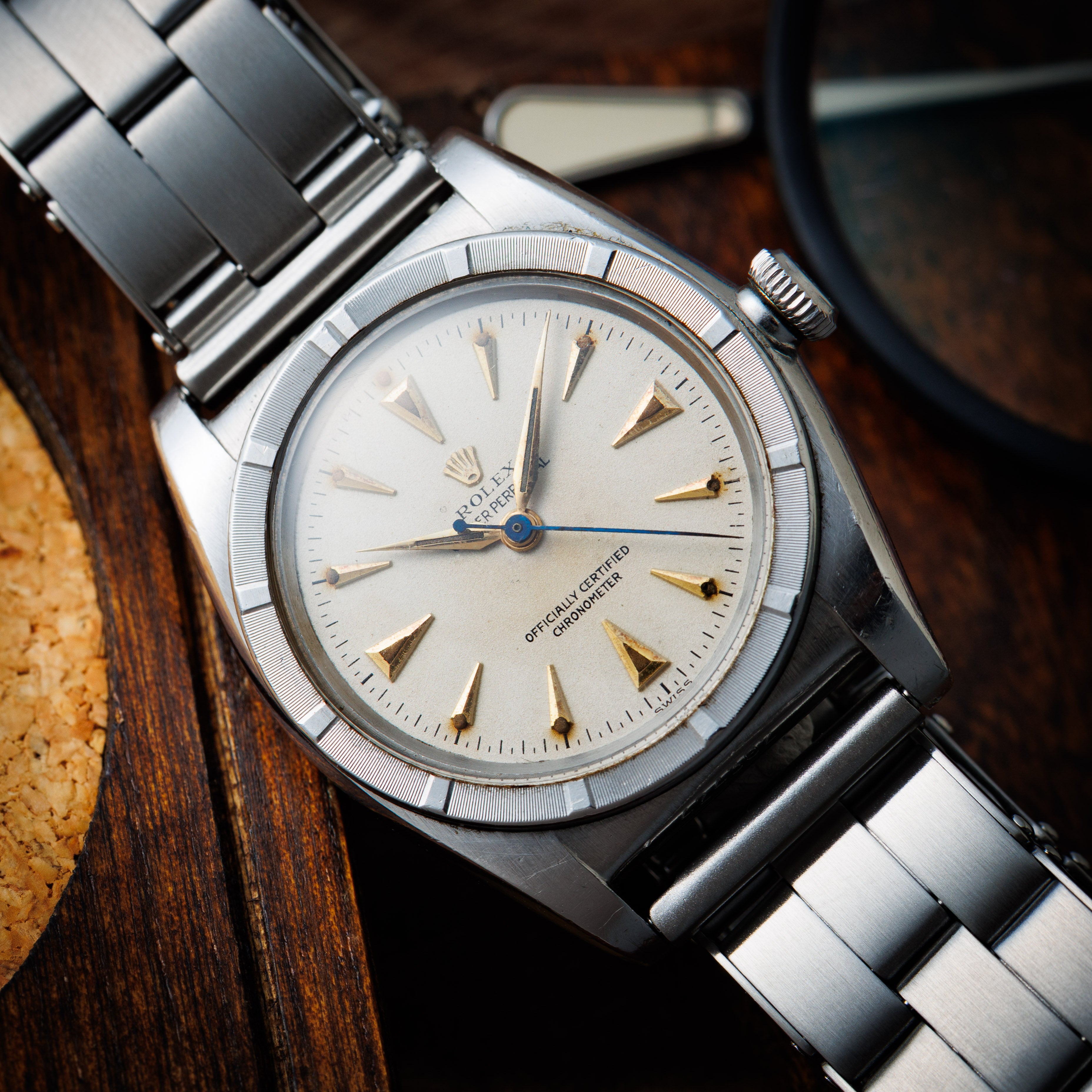 ロレックス バブルバック 1946年製 Ref.3372 エンジンターンドベゼル 社外エクステンションブレス