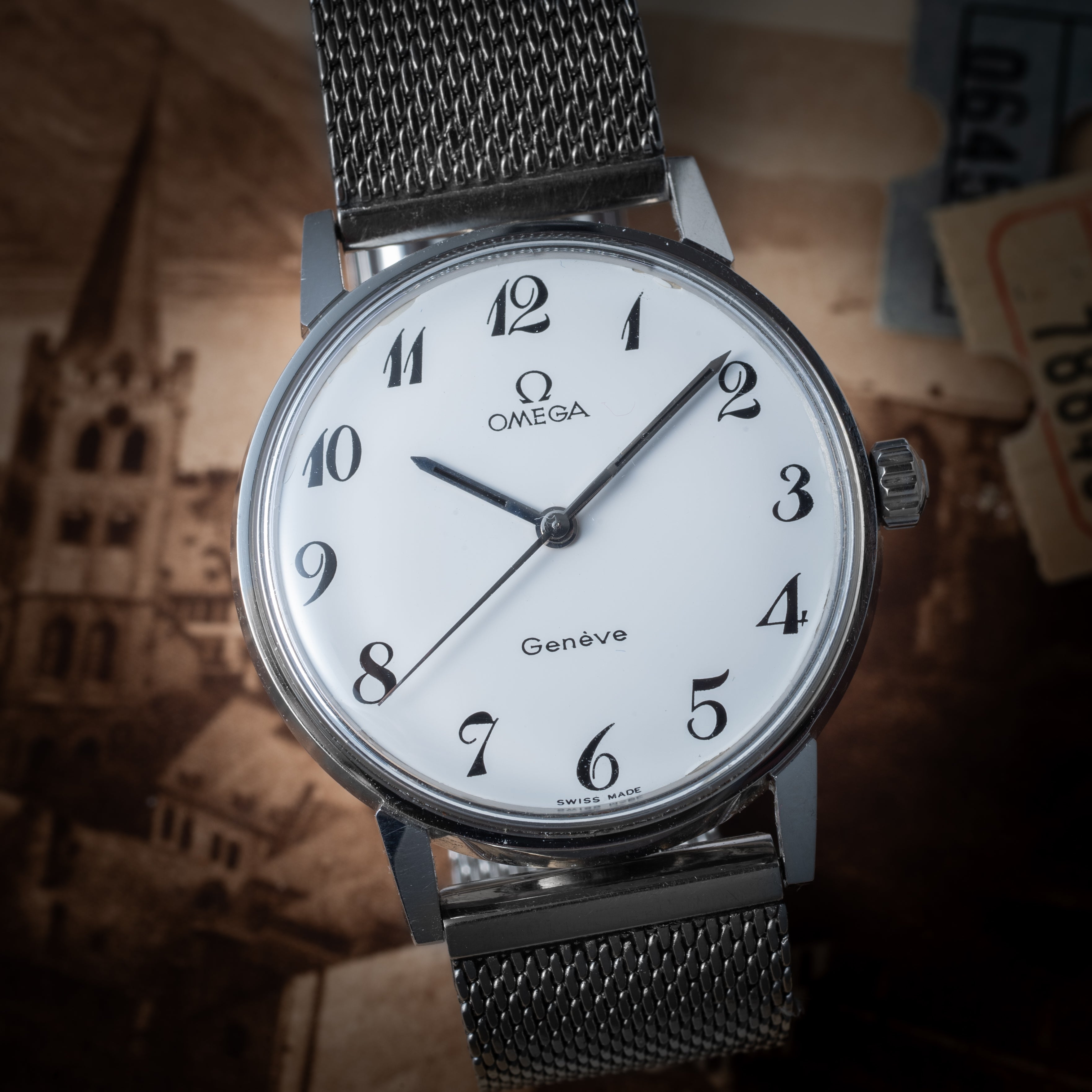 オメガ ジュネーブ ラウンドケース ホワイトアラビア 手巻き 1969年 Ref.135.011 Cal.601 メッシュブレス付き