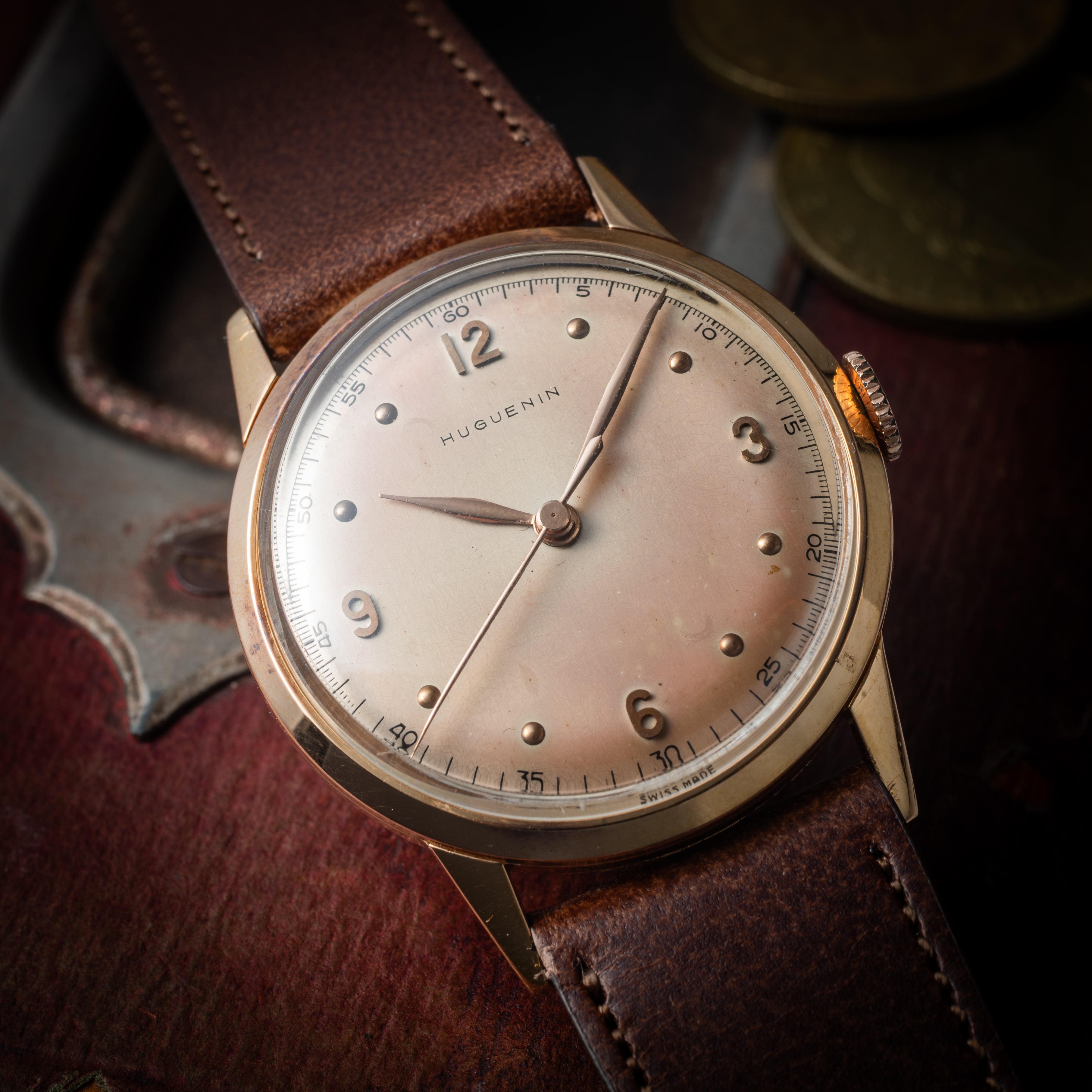 HUGUENIN 18金無垢ピンクゴールドケース 1950年代製 手巻き Cal. 1080