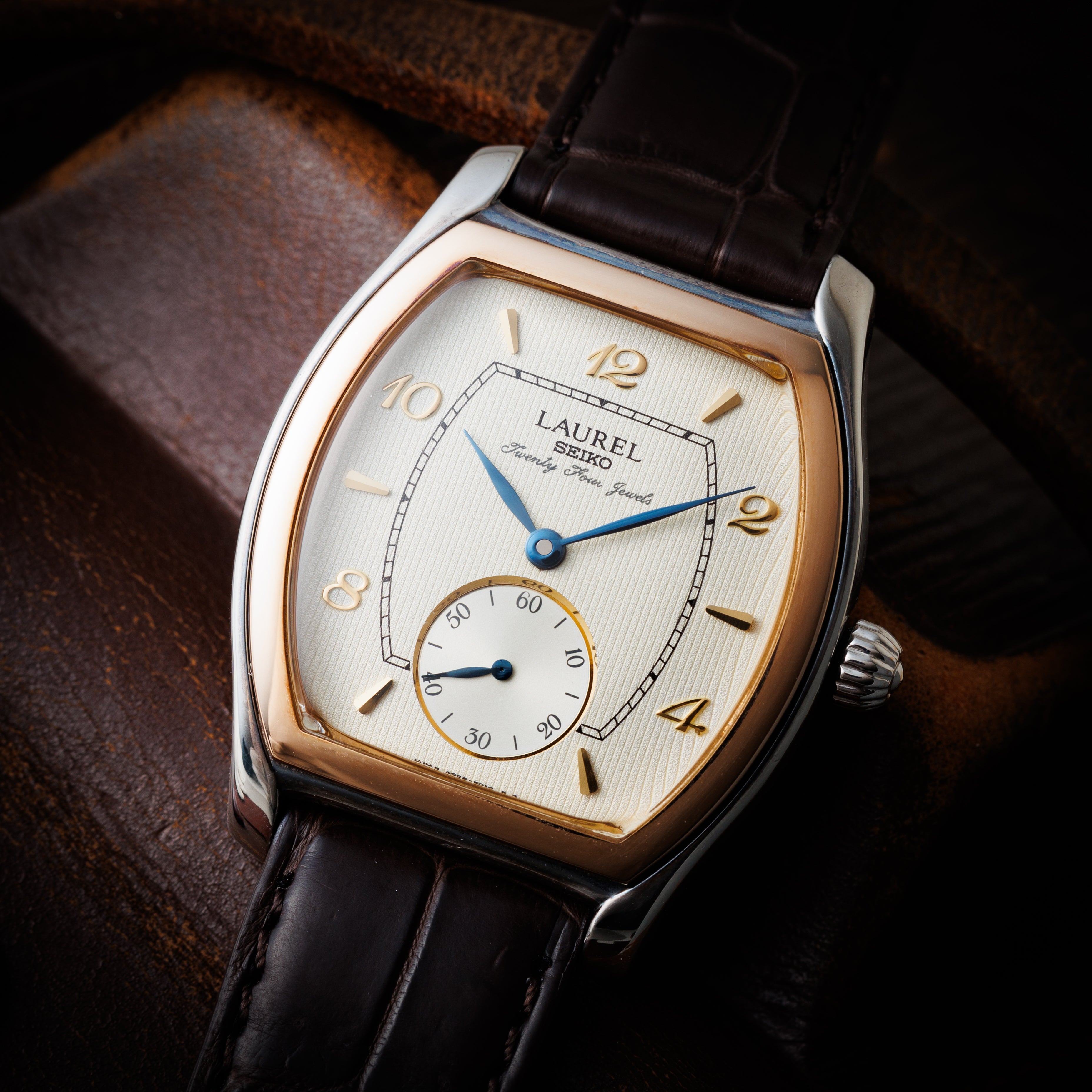 セイコー ローレル 1996年製 925銀無垢トノーケース 18金無垢ベゼル 手巻きCal.4S28