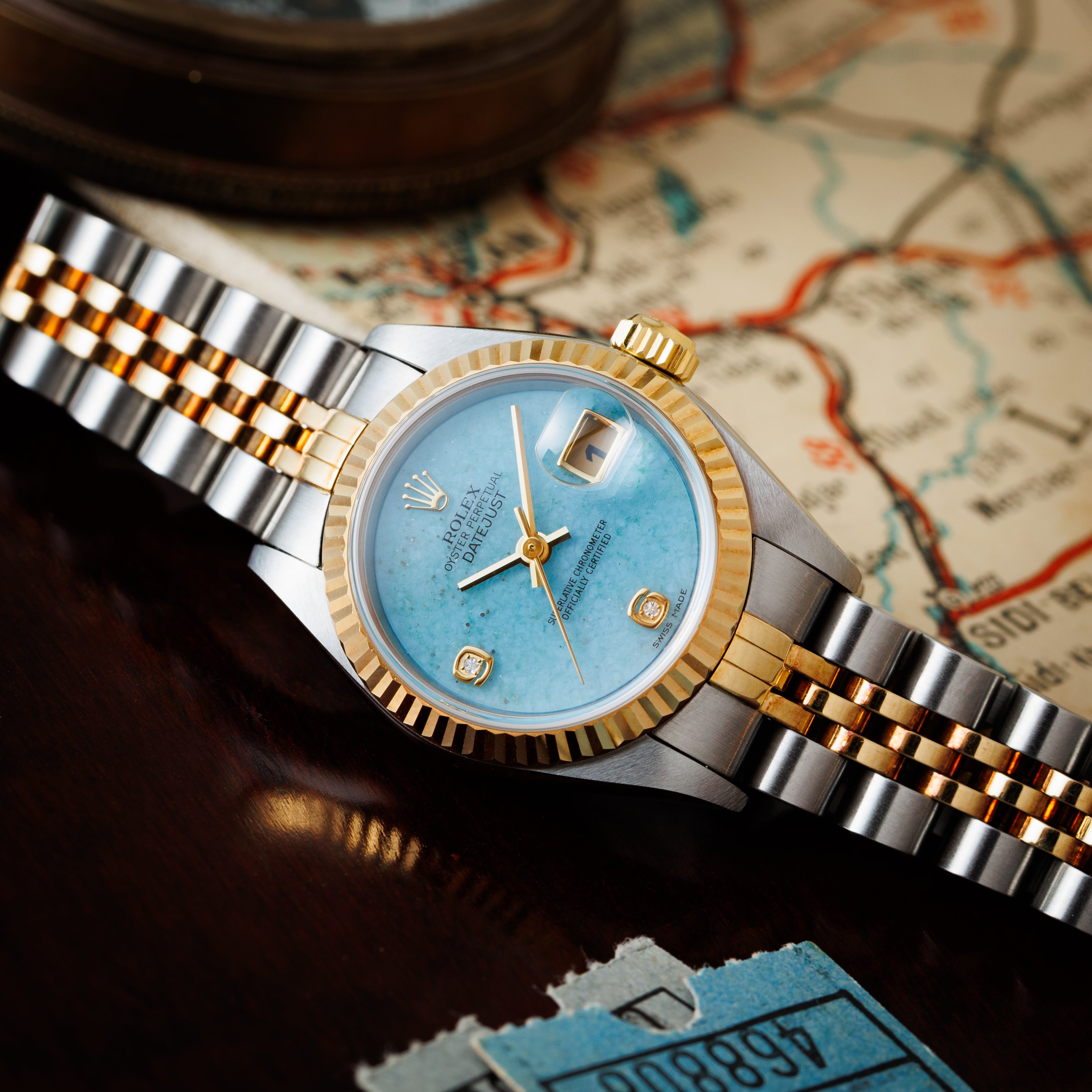 ロレックス デイトジャストコンビ レディース ブルージェダイト 2Pダイヤ Ref.79173 2BR 2001年製 箱ギャラ付