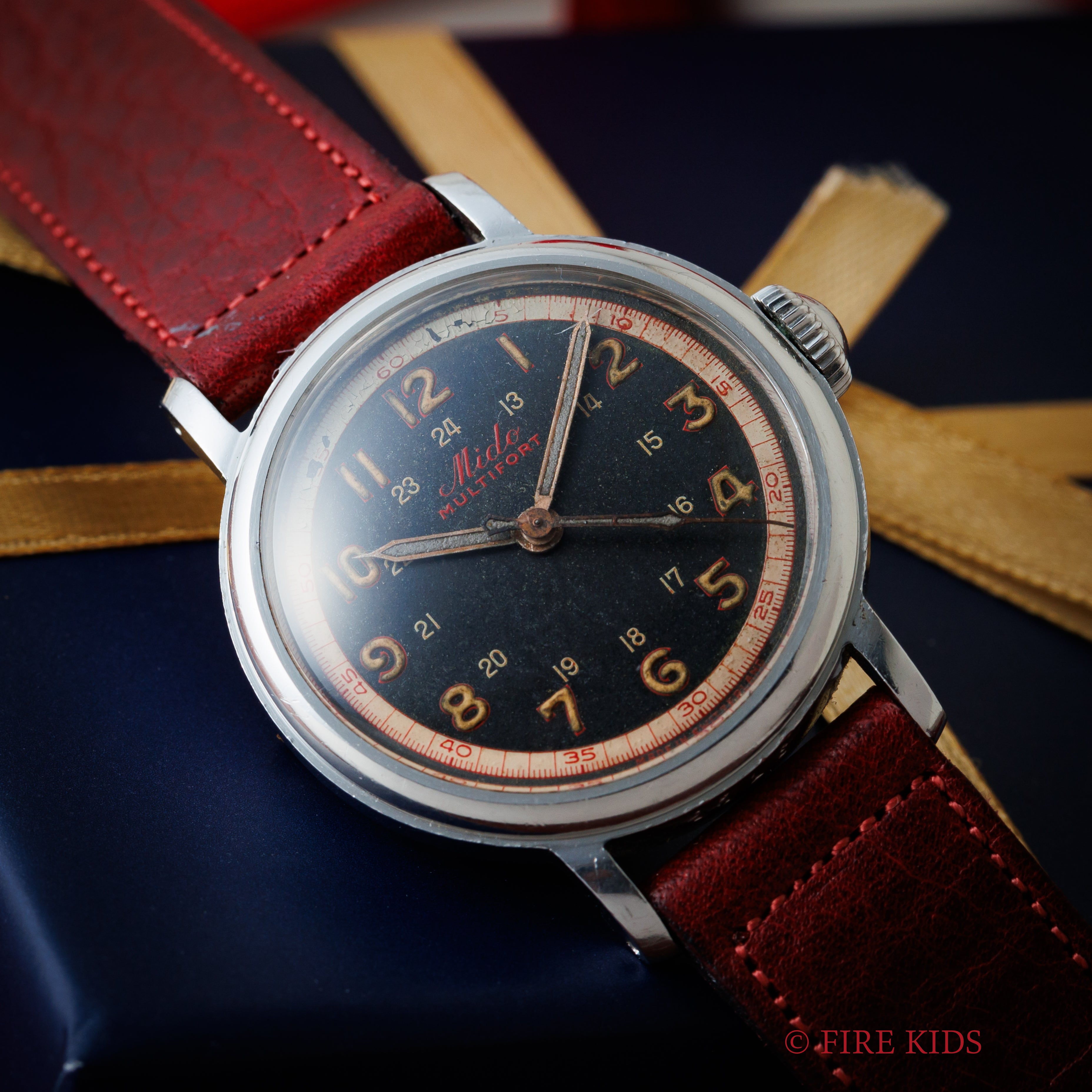 ミドー マルチフォート 33㎜ラージケース ブラックマジェスティックダイヤル 1940年代 手巻き