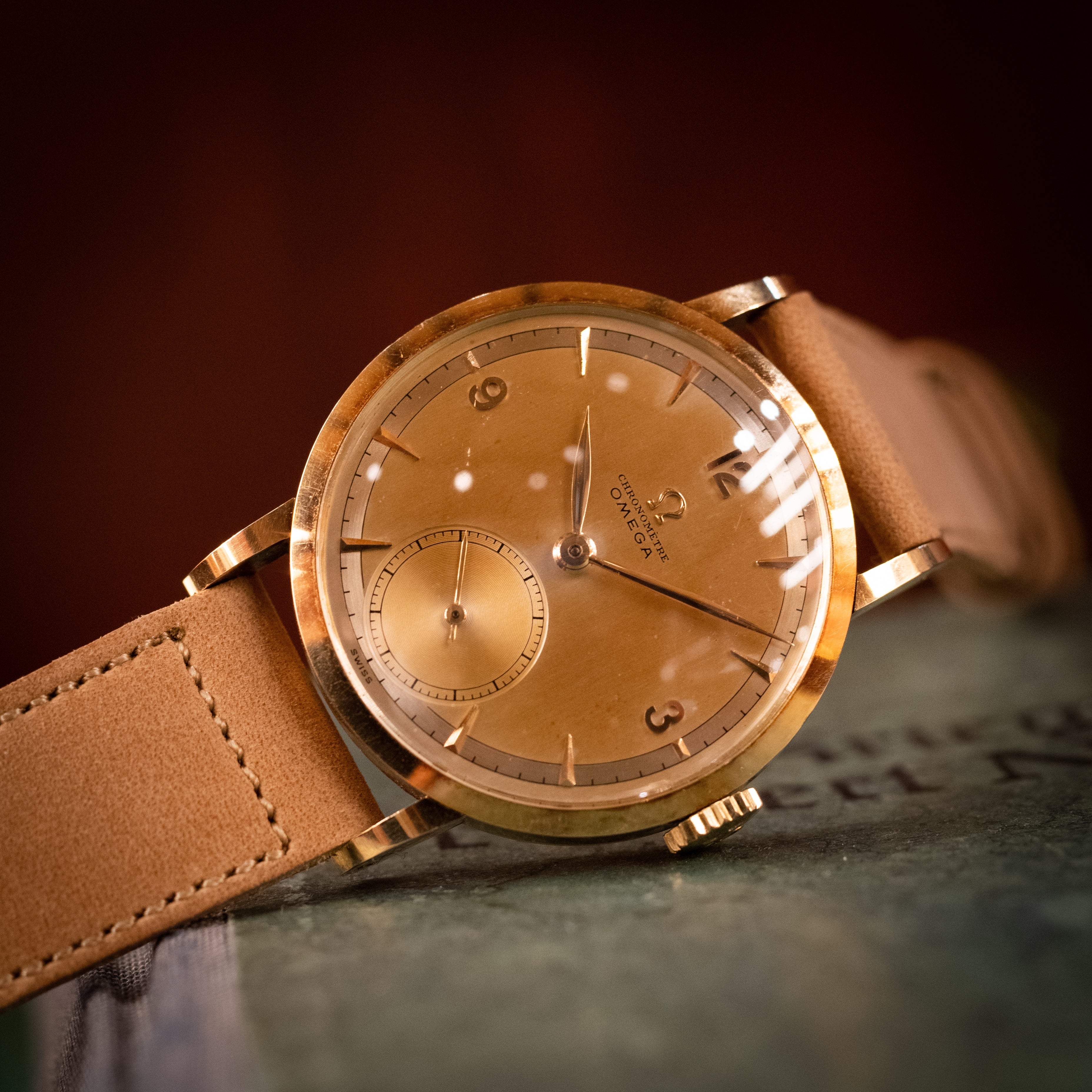 オメガ 30mmキャリバー クロノメーター Cal.30T2 RG 1944～46年製 14KYG 別作スケルトン裏蓋付